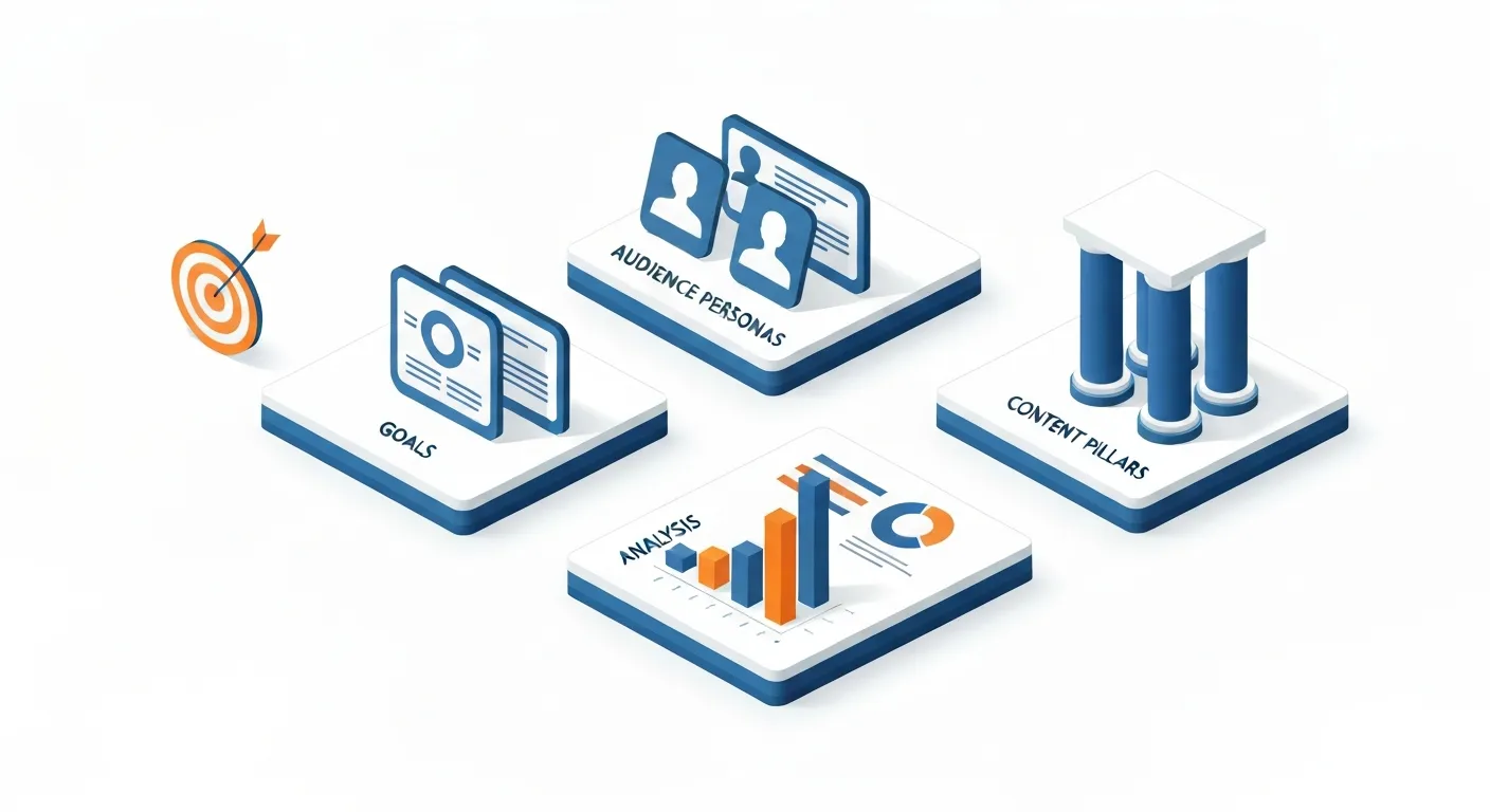 Izometryczna ilustracja przedstawiająca fundamenty strategii content marketingowej jako połączone ze sobą moduły: cele (tarcza strzelnicza), persona (profil użytkownika), analiza (wykresy) i filary treści (kolumny).