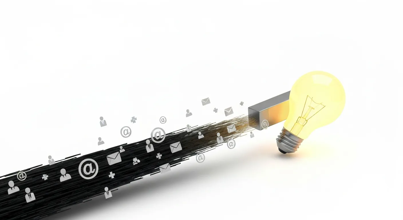 Wizualizacja dużego magnesu w kształcie żarówki, symbolizującego wartościową treść, który skutecznie przyciąga ikony reprezentujące leady i zaangażowanie użytkowników w cyfrowej przestrzeni.