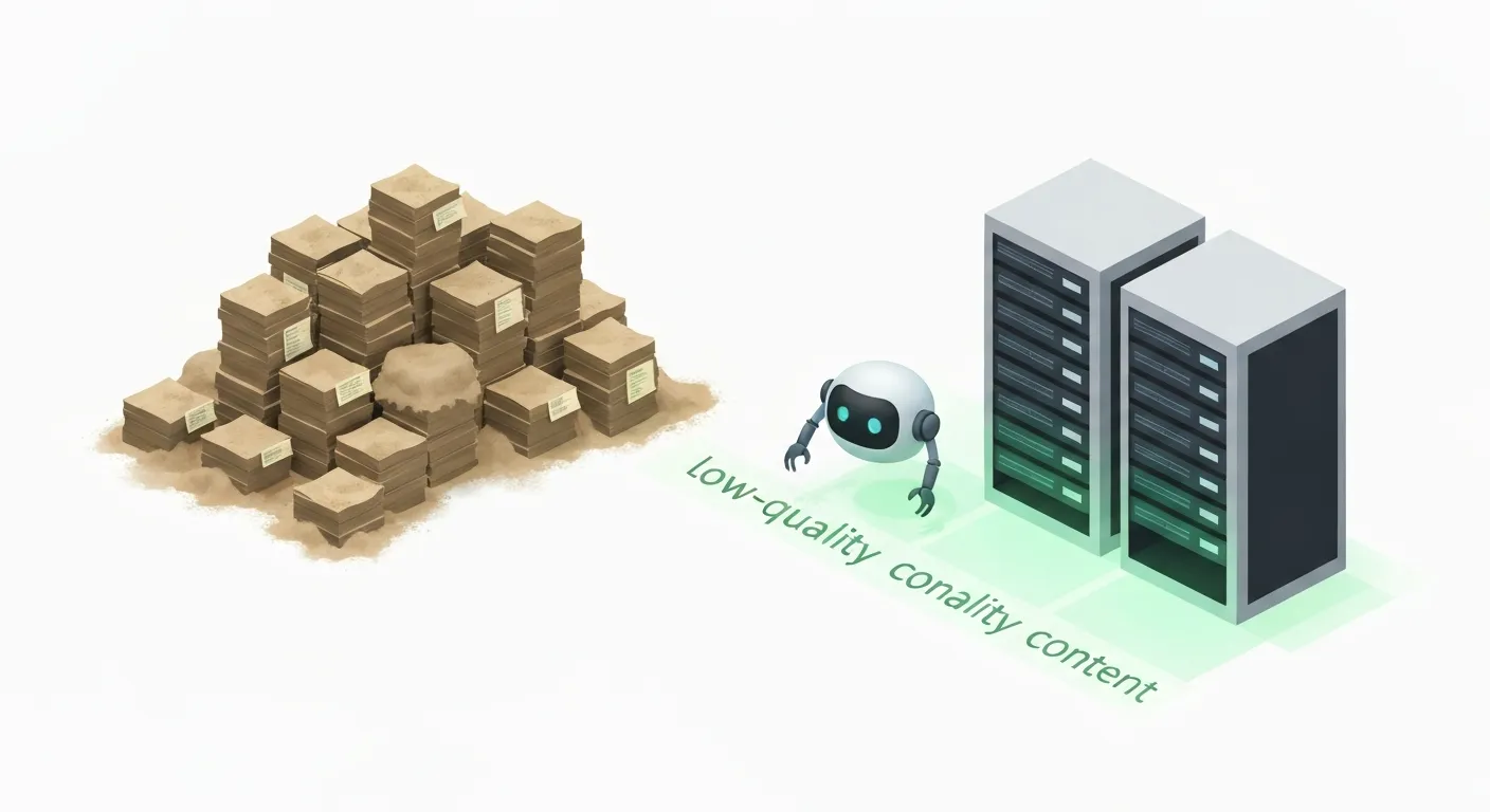 An isometric illustration showing a small, efficient robot (Googlebot) ignoring a large pile of dusty, disorganized files and instead following a clean, direct path to a single, brightly lit, well-organized file cabinet, representing the optimization of crawl budget.