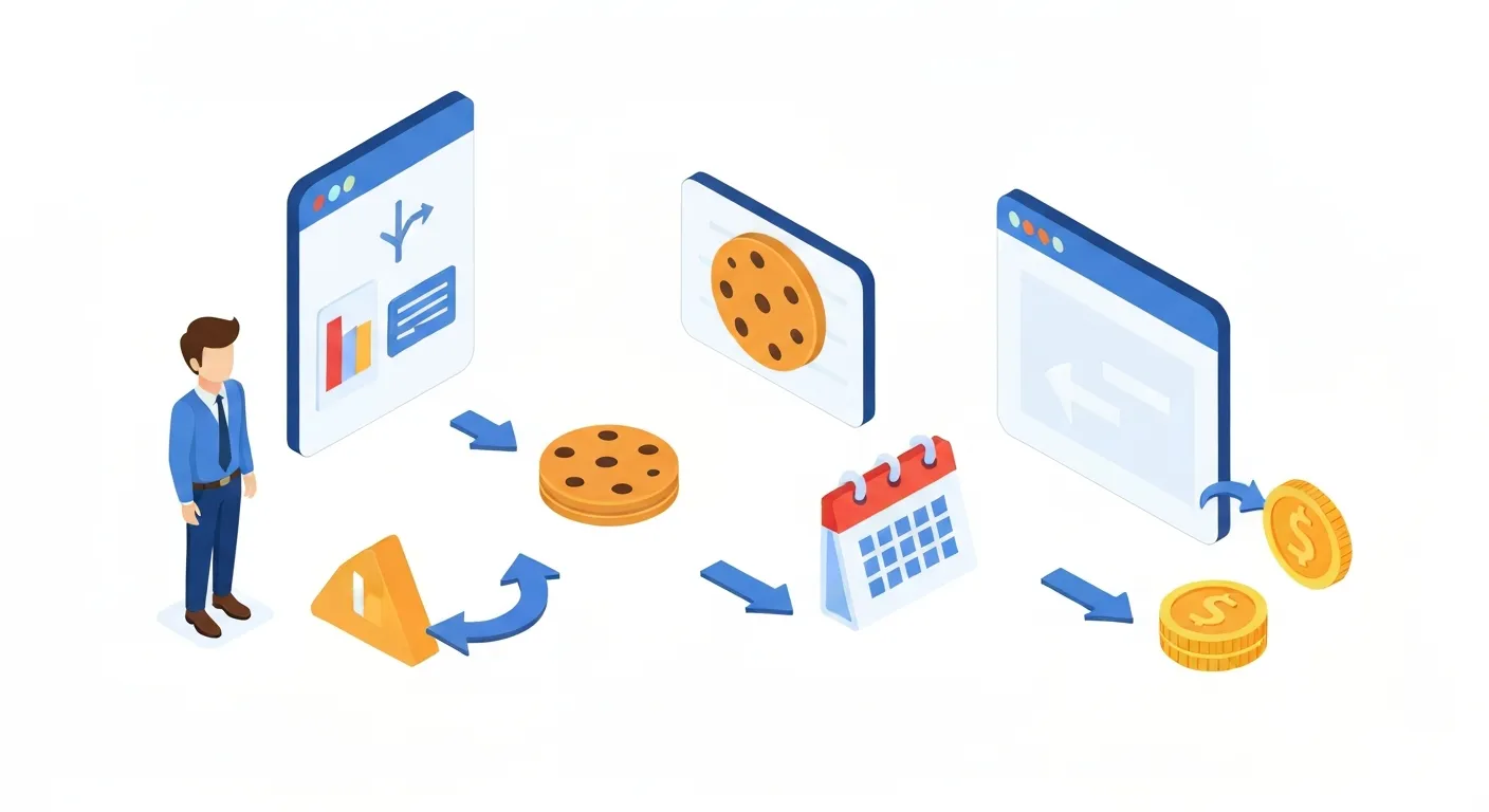 Infografika przedstawiająca proces działania marketingu afiliacyjnego: od kliknięcia w link, przez zapisanie ciasteczka, aż po przyznanie prowizji po zakupie.