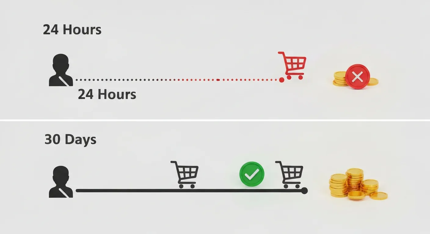 Porównanie dwóch scenariuszy w marketingu afiliacyjnym: krótki 'cookie lifetime' prowadzący do utraty prowizji i długi 'cookie lifetime' gwarantujący sprawiedliwe wynagrodzenie.