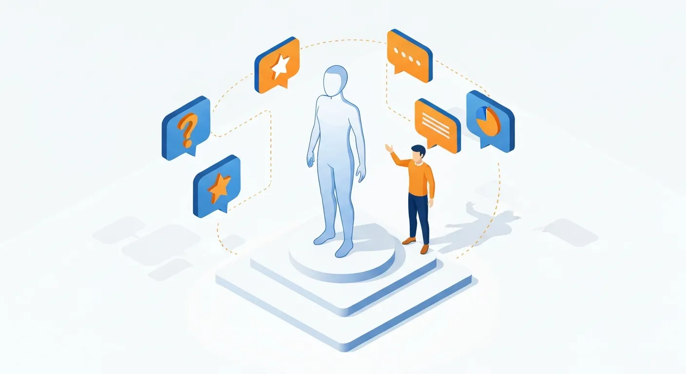 An isometric illustration showing a marketer analyzing a central customer avatar. The avatar is surrounded by floating icons representing their problems (question marks), desires (stars), and demographics (charts), symbolizing deep customer research.