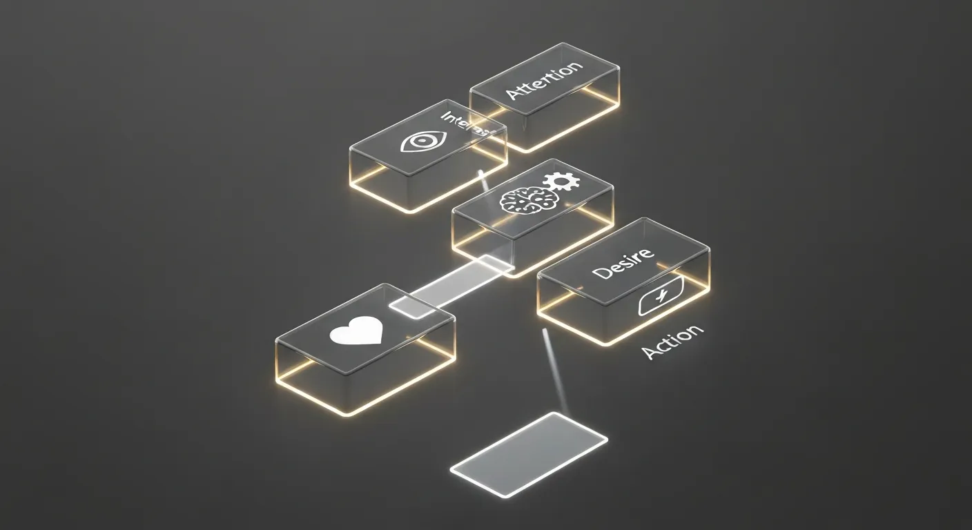 An abstract 3D visualization of the AIDA copywriting formula, shown as four sequential, interconnected blocks labeled Attention, Interest, Desire, and Action, creating a clear pathway to a final goal.