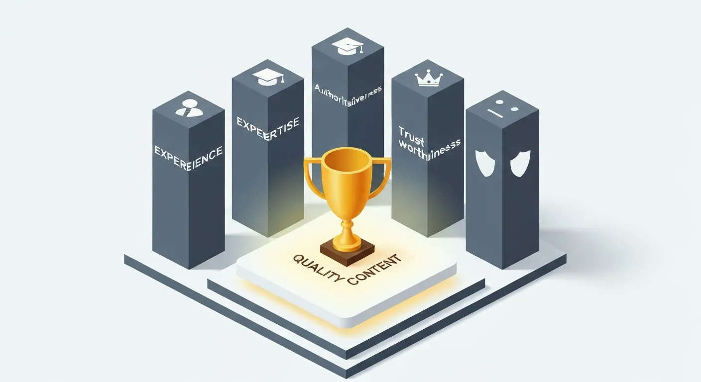 Ilustracja izometryczna przedstawiająca cztery filary oznaczone ikonami symbolizującymi Doświadczenie (Experience), Ekspertyzę (Expertise), Autorytet (Authoritativeness) i Wiarygodność (Trustworthiness). Filary te podtrzymują platformę z trofeum i znakiem jakości, co symbolizuje koncepcję Google E-E-A-T jako fundamentu wysokiej jakości strony internetowej.