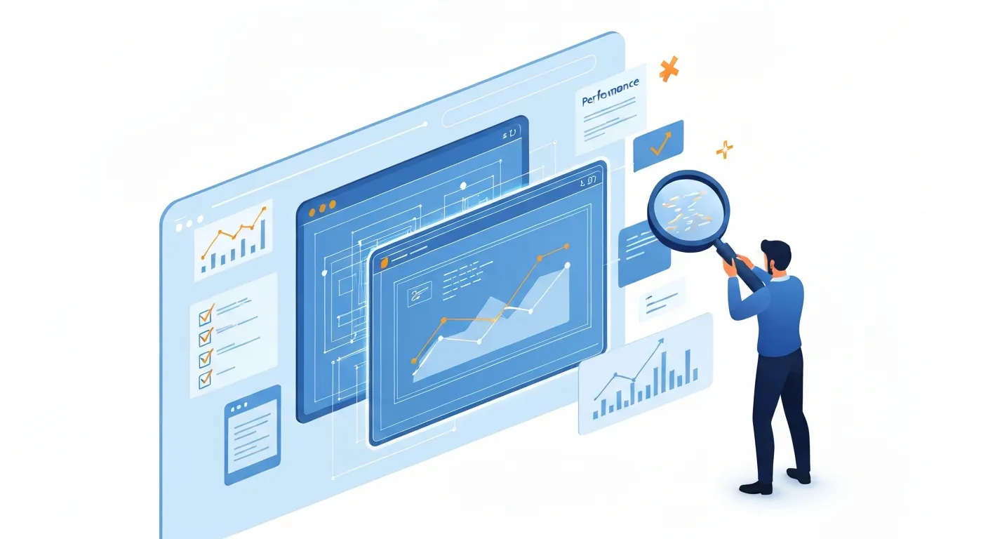 Wizualizacja proaktywnej strategii SEO. Postać analityka danych stoi przed dużym, interaktywnym ekranem, na którym wyświetlana jest struktura strony internetowej. Analityk używa narzędzi, takich jak lupa i wykresy, aby przeprowadzać audyt treści i optymalizować jej elementy w celu przygotowania się na core update.