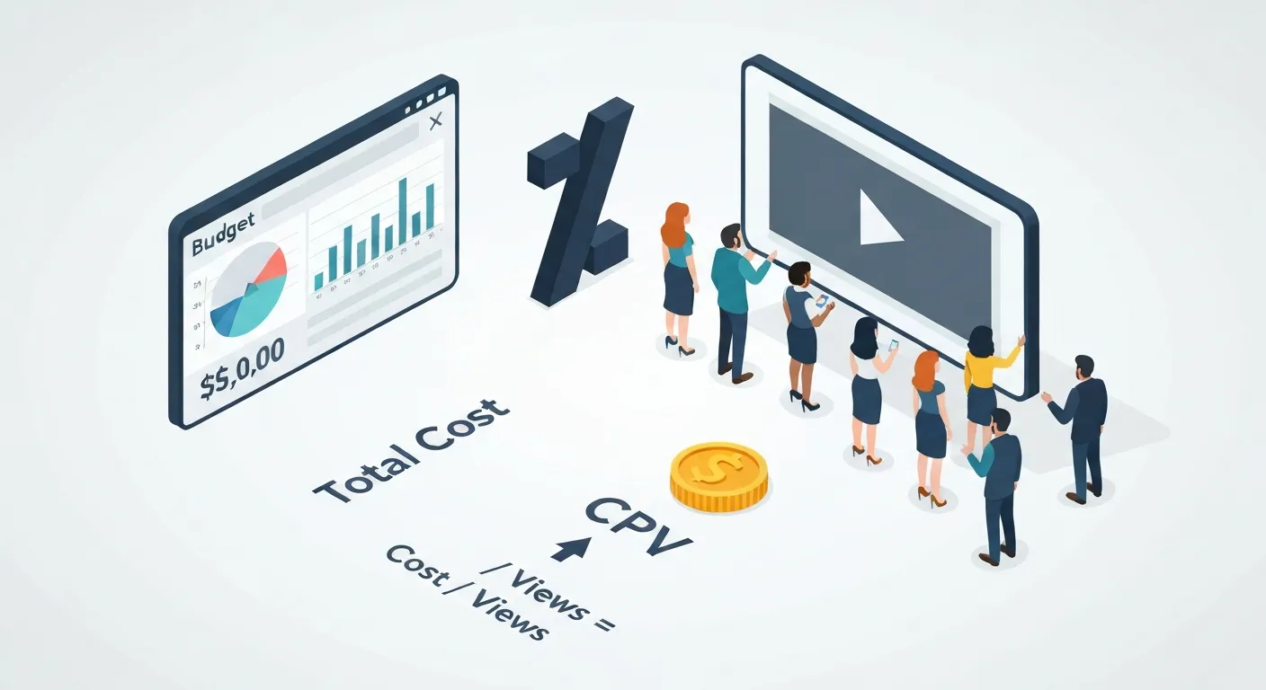 An isometric illustration clearly explaining the formula for calculating CPV. It shows a digital wallet with money flowing out ('Total Cost') divided by a group of people watching a video ('Total Views') to equal a single coin ('CPV').