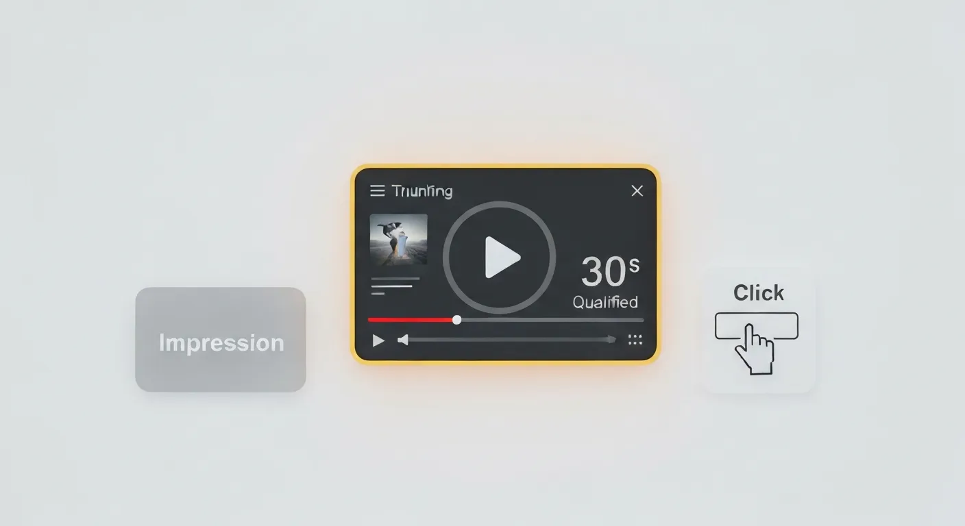 A conceptual illustration comparing CPV with other metrics. A video ad with a 30-second timer is highlighted and shown as more valuable than a simple ad impression, representing the core advantage of paying for engagement with CPV.