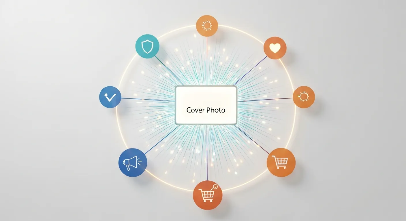 An abstract visualization of a social media cover photo acting as a central hub connecting to different marketing goals, such as brand identity, user engagement, and sales conversions.