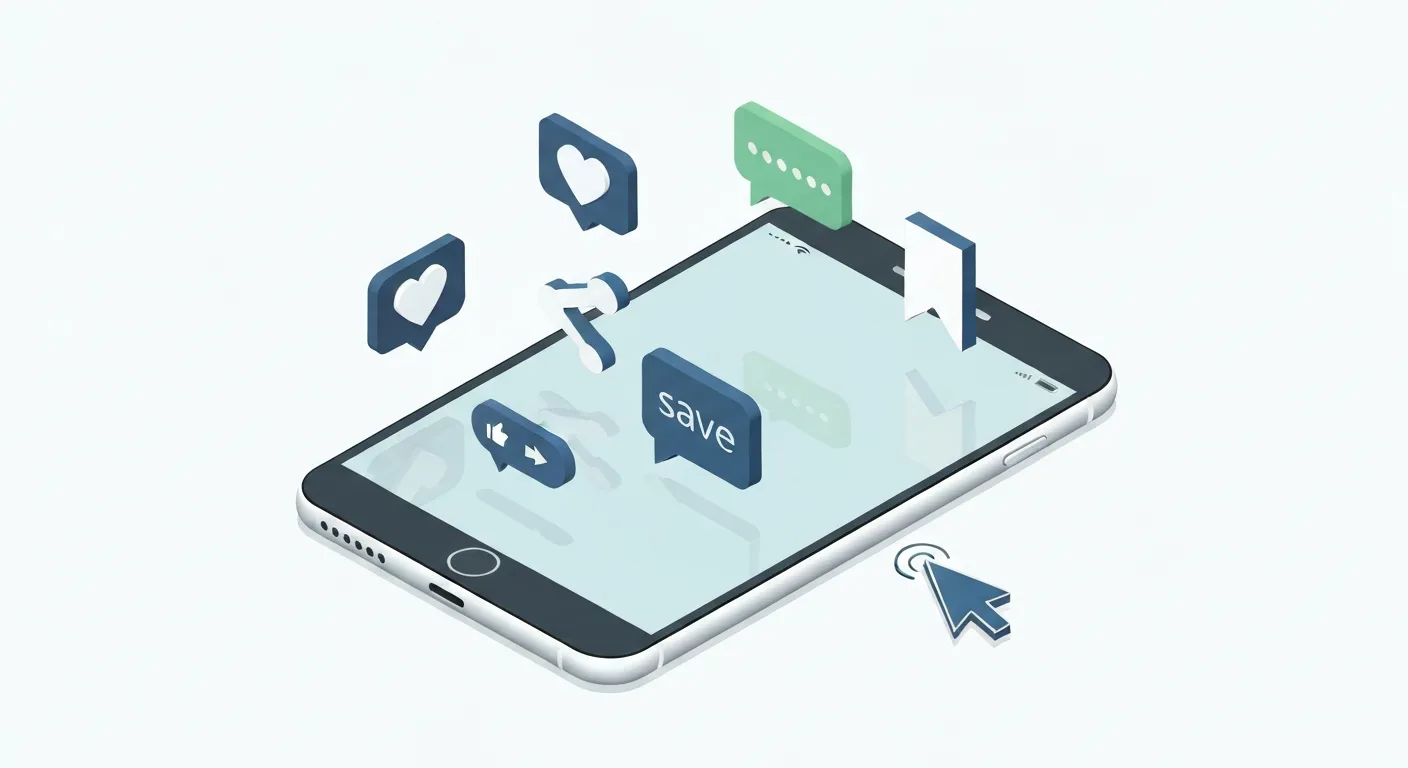 Ilustracja izometryczna pokazująca różne rodzaje zaangażowania w mediach cyfrowych, które są mierzone przez CPE. Na ekranie smartfona widać wyskakujące ikony 3D symbolizujące polubienia, komentarze, zapisania posta, kliknięcia w link i rozwinięcia reklamy.