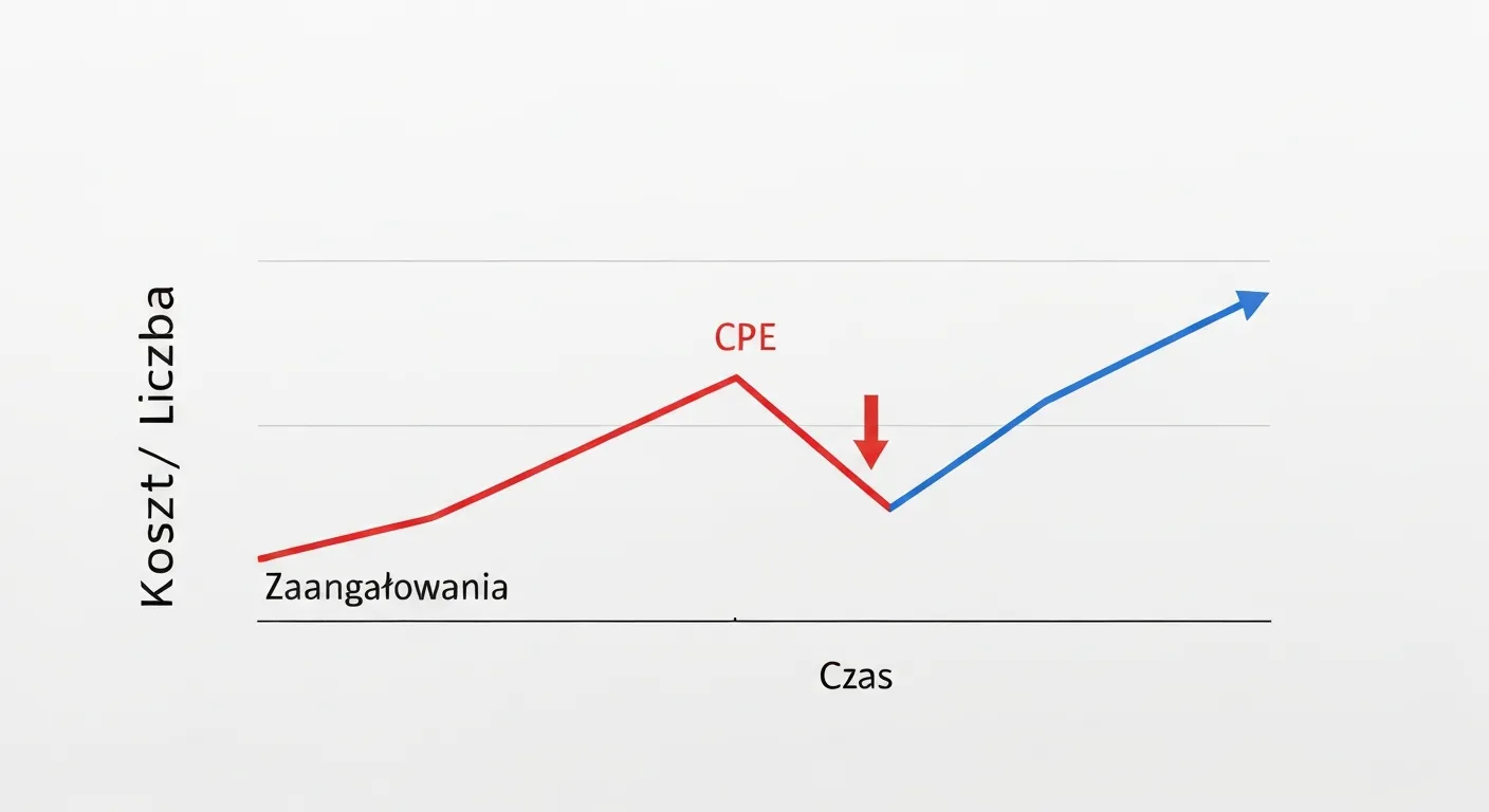 Wizualizacja danych przedstawiająca proces optymalizacji CPE. Wykres liniowy pokazuje, jak wskaźnik CPE (koszt za zaangażowanie) maleje w czasie, podczas gdy liczba zaangażowań rośnie, co ilustruje skuteczną optymalizację kampanii reklamowej.