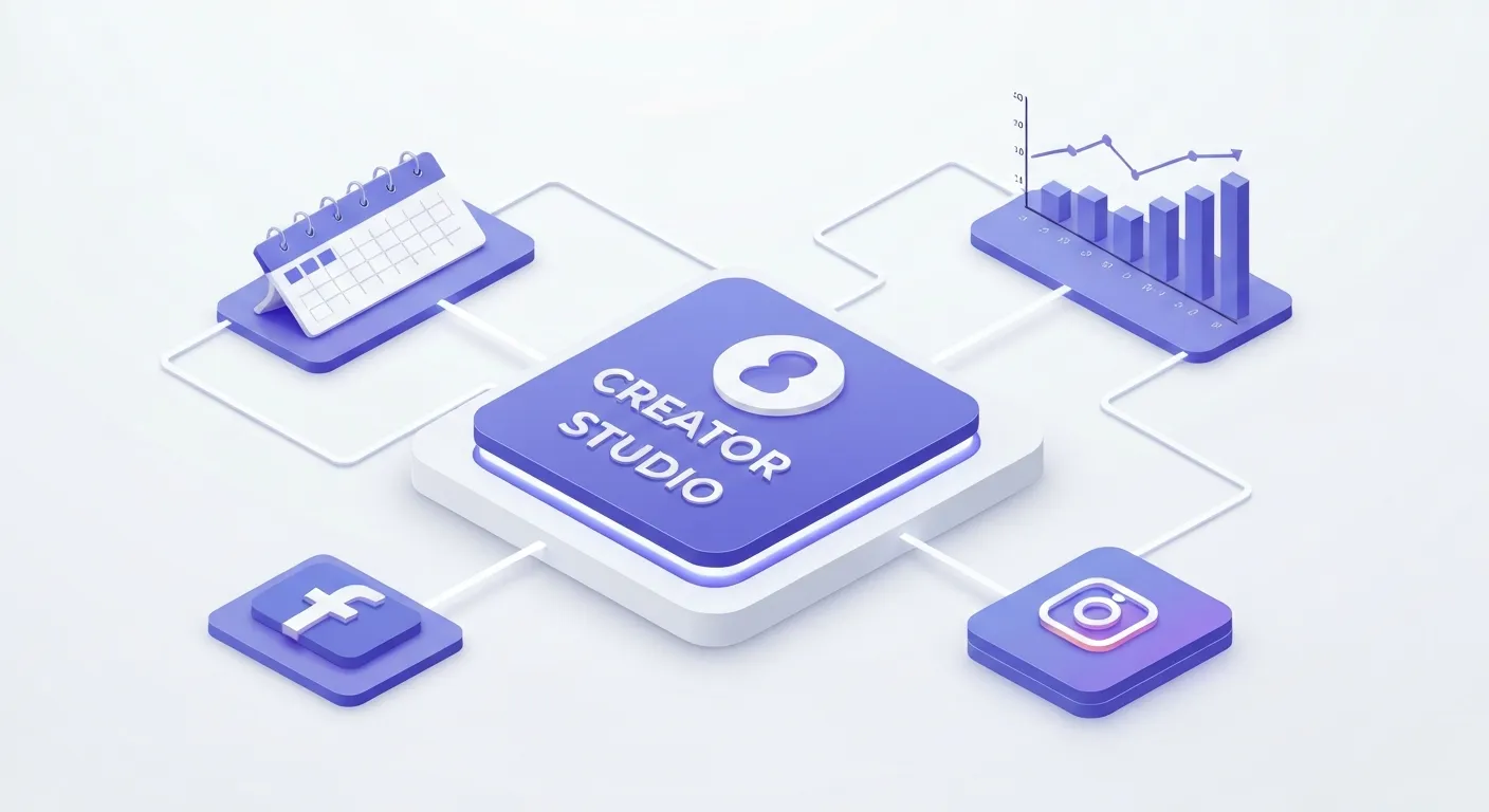 Izometryczna ilustracja przedstawiająca centralny hub z napisem 'Creator Studio', który sprawnie organizuje zadania w mediach społecznościowych, takie jak planowanie, analityka i monetyzacja dla Facebooka i Instagrama, co jest symbolizowane przez czyste linie i ikony.