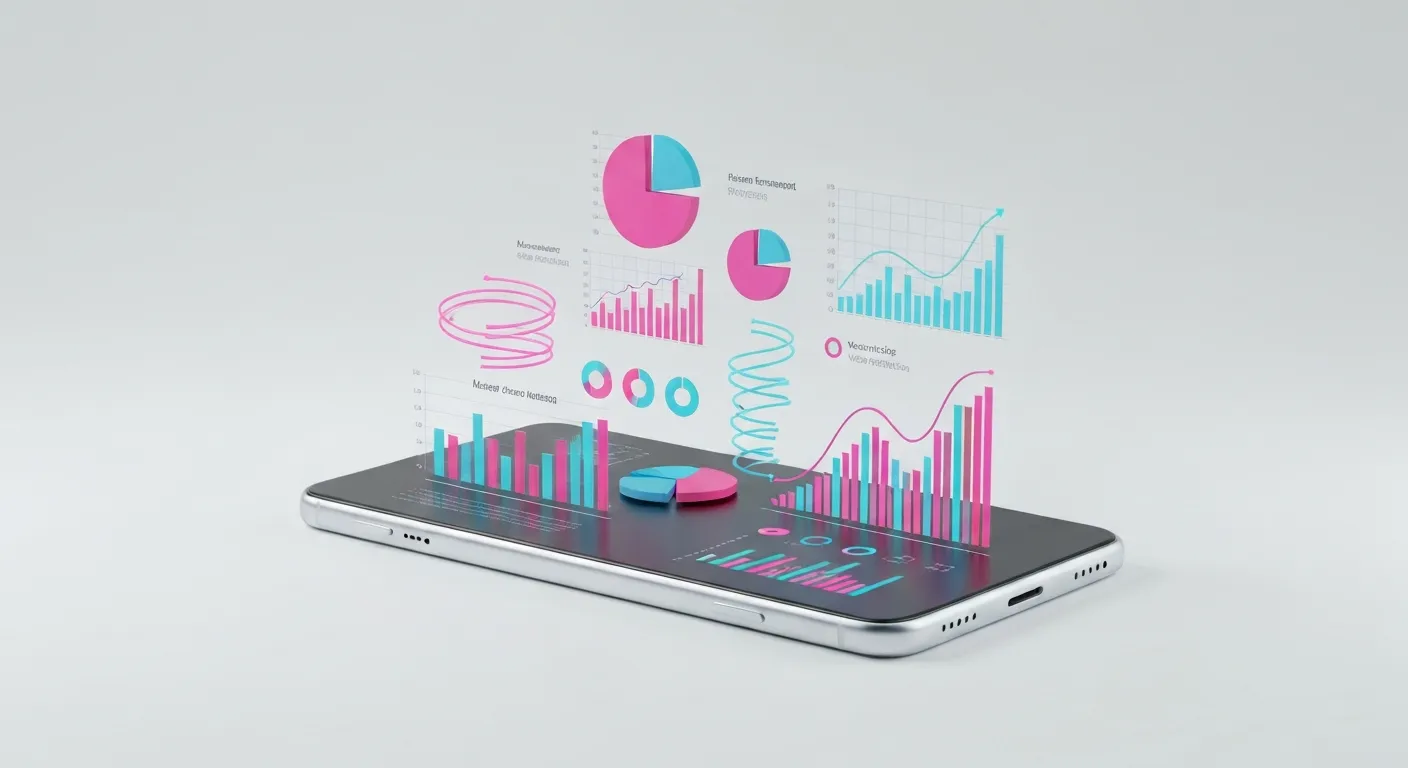 Abstrakcyjna wizualizacja danych pokazująca dynamiczne wykresy i grafy reprezentujące analitykę mediów społecznościowych, takie jak wzrost liczby odbiorców, wskaźniki zaangażowania i wydajność wideo, przekazująca ideę potężnych statystyk z Creator Studio.