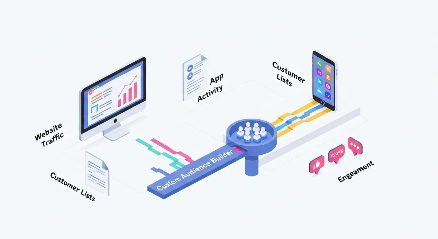 An isometric illustration showing various data sources—a website, a mobile app, a customer list, and social media icons—feeding into a central marketing platform, which then creates a targeted custom audience group.