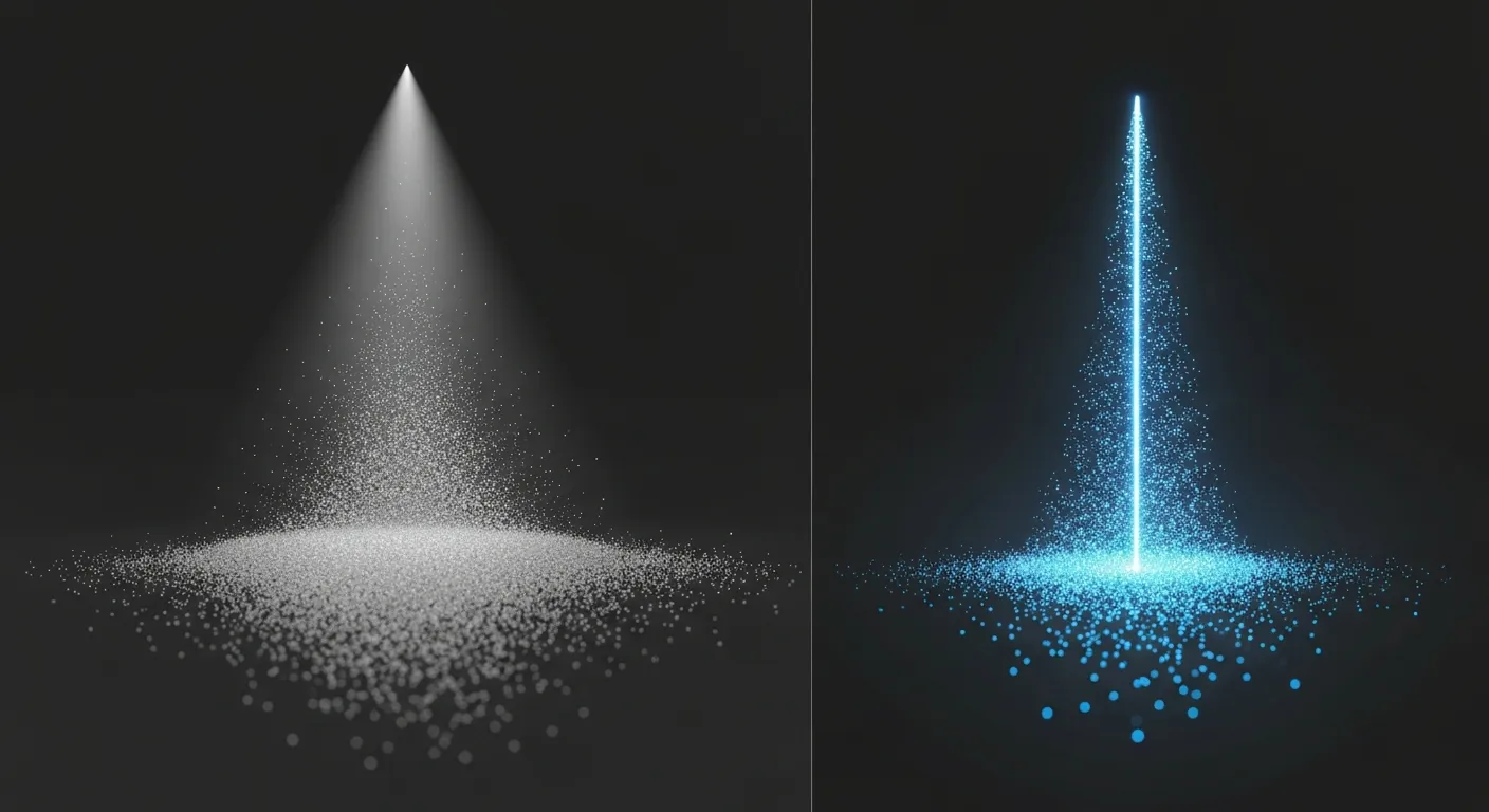 A comparative abstract visualization showing two marketing approaches. On the left, a wide, unfocused broadcast hits a scattered, generic audience. On the right, a precise laser beam targets a specific, well-defined group, symbolizing the efficiency of custom audience advertising.