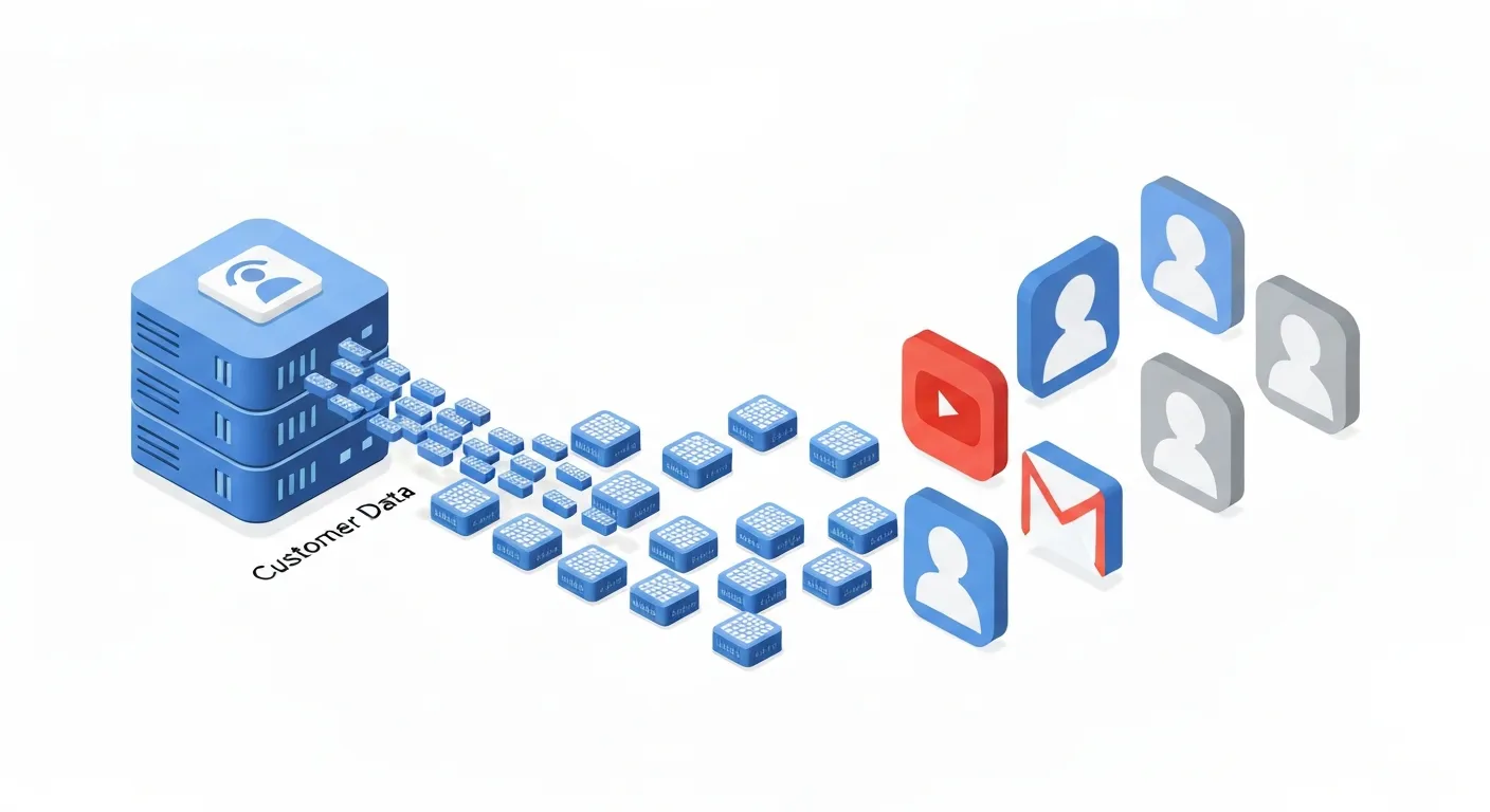 An isometric illustration showing the Customer Match process where encrypted data from a business securely connects with user profiles on Google, YouTube, and Gmail, highlighting increased ad relevance and ROAS.