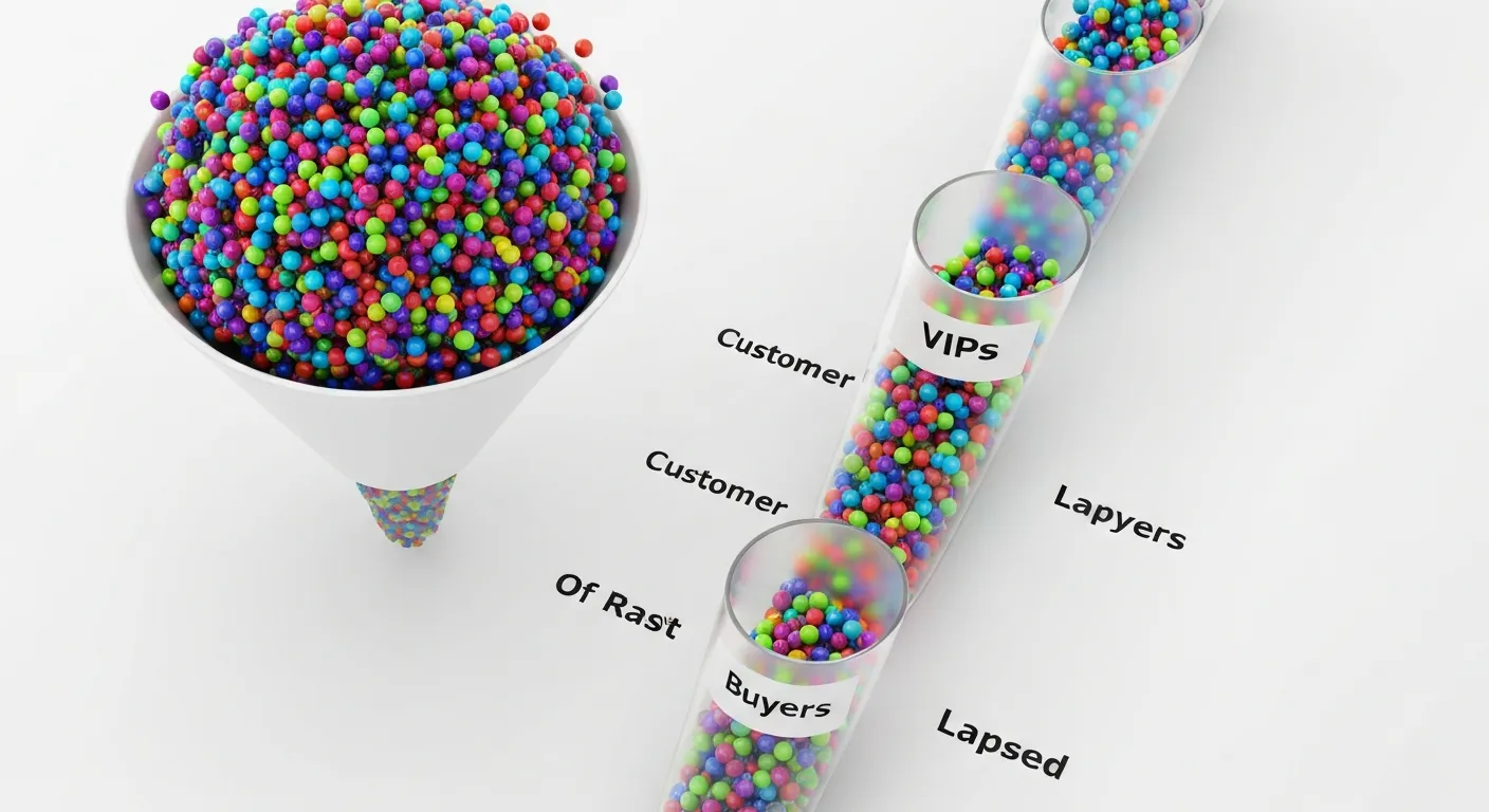 An abstract visualization of customer list segmentation. A large, mixed group of colored dots is being sorted through a digital funnel into distinct, organized categories labeled 'VIPs', 'Recent Buyers', and 'Inactive Customers'.