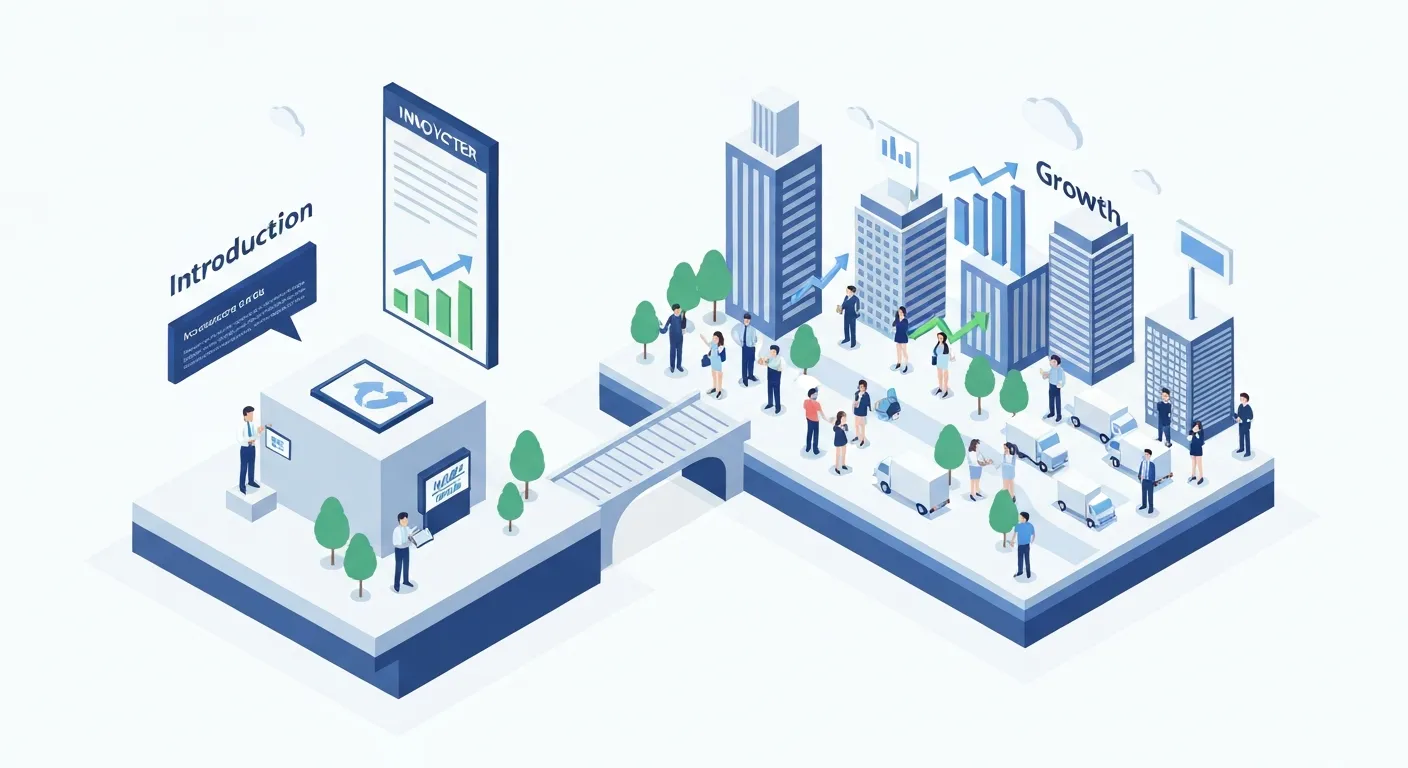 Ilustracja izometryczna pokazująca dwie pierwsze fazy cyklu życia produktu. Po lewej stronie, w fazie wprowadzenia, mała platforma z jednym innowatorem i nowym produktem. Po prawej, w fazie wzrostu, ta platforma rozrasta się w tętniące życiem miasto z wieloma budynkami i ludźmi, co symbolizuje gwałtowny wzrost sprzedaży i popularności.