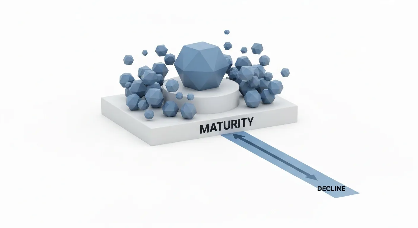 Abstrakcyjna wizualizacja 3D fazy dojrzałości i spadku produktu. W centrum znajduje się duży, stabilny, szklany monolit symbolizujący dojrzały produkt. Jest on otoczony przez wiele mniejszych, konkurencyjnych kształtów, które próbują zająć jego przestrzeń. Od monolitu odchodzi jedna przezroczysta ścieżka, która łagodnie opada w dół, symbolizując fazę schyłku.