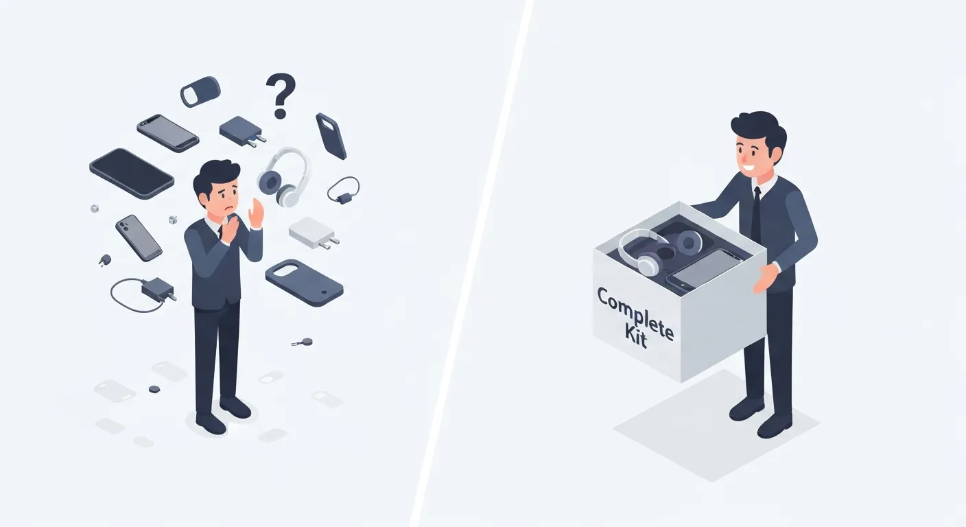 An isometric illustration contrasting a confusing shopping experience with a simplified one through product bundling. On the left, a customer looks overwhelmed by a cloud of separate, floating product options. On the right, a happy customer confidently points to a single, neatly presented product bundle that contains everything they need.
