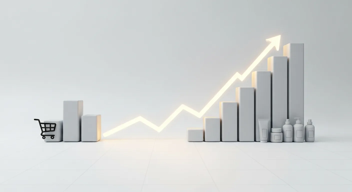 An abstract data visualization showing how product bundling increases Average Order Value (AOV). A simple, small bar chart labeled 'Single Item' transforms via a dynamic, glowing arrow into a much taller, more impressive bar chart labeled 'Bundle', clearly demonstrating financial growth and a successful sales strategy.