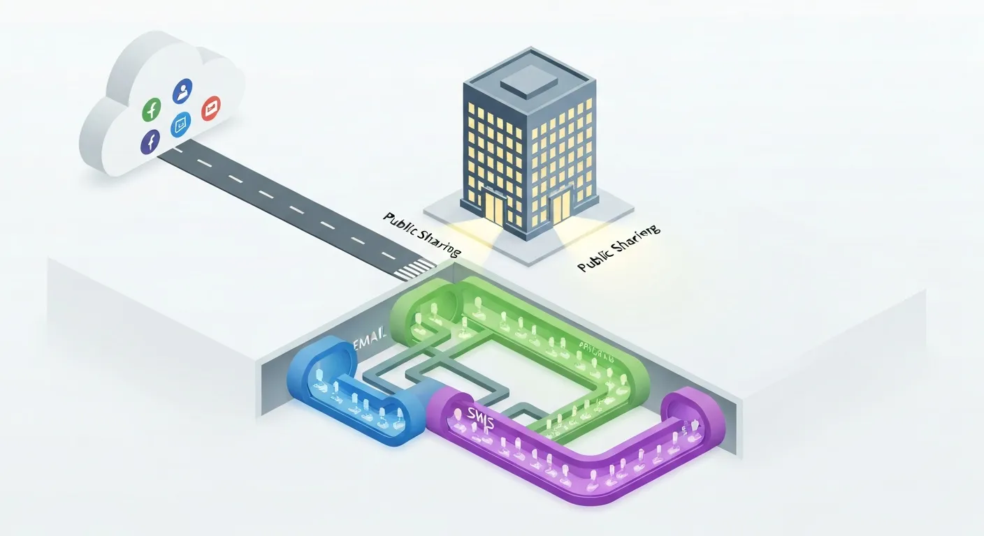 An isometric illustration showing various digital channels. Public social media is depicted as a visible, well-lit highway, while 'dark social' channels like private messengers and email are shown as larger, more numerous glowing subway tunnels underground, all leading to the same destination.