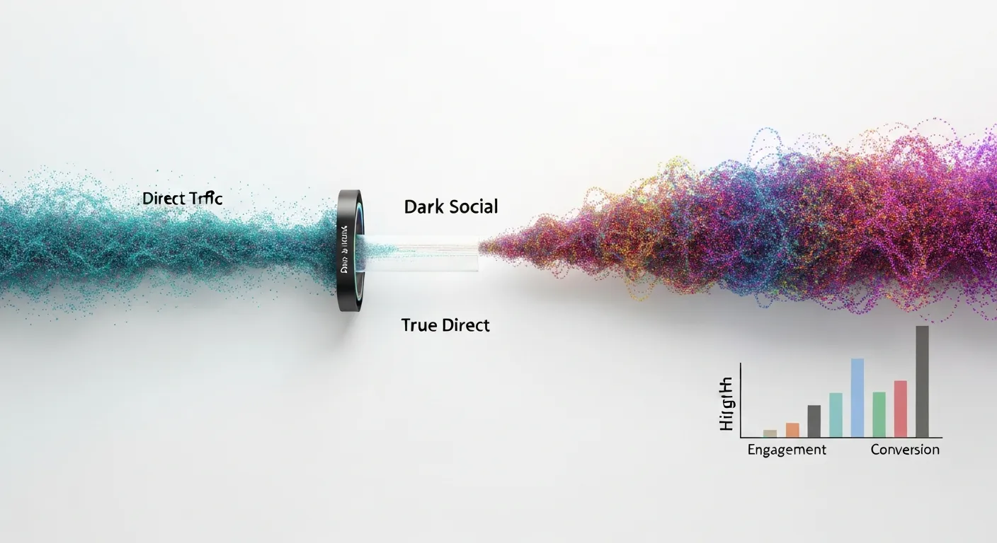 An abstract data visualization showing how 'dark social' traffic is identified. A large data stream labeled 'Direct Traffic' enters a filter, which separates it into two smaller streams: a tiny one for 'True Direct' and a much larger, more valuable one labeled 'Dark Social,' which leads to a graph showing high engagement.