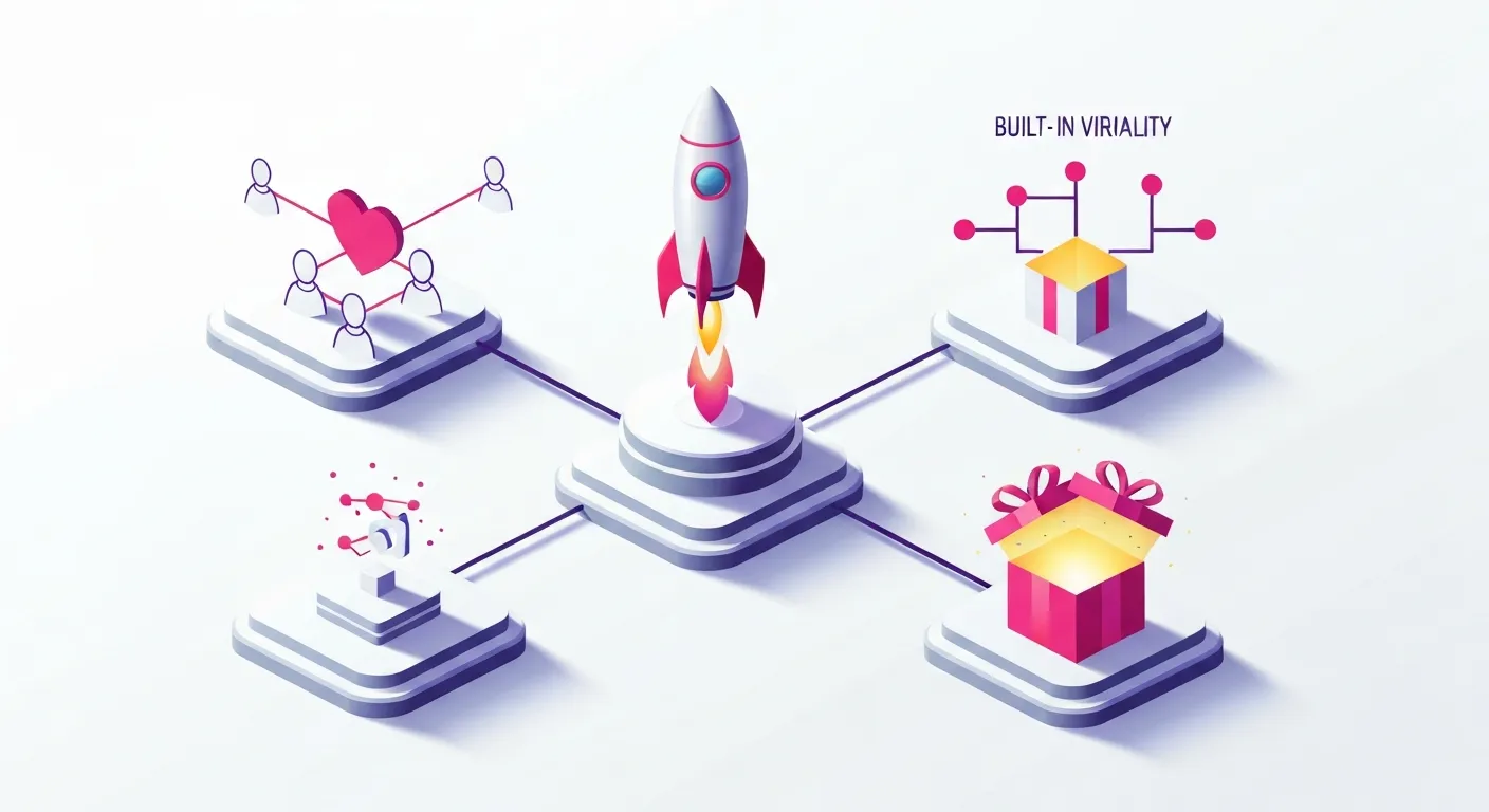 Ilustracja izometryczna pokazująca cztery kluczowe elementy 'anatomii hitu'. Na centralnym podeście stoi produkt, a wokół niego cztery połączone platformy: jedna z ikoną serca i mózgu (rezonans emocjonalny), druga z rozgałęziającą się siecią (wiralność), trzecia z rakietą (rozwiązanie 10x lepsze) i czwarta z pudełkiem z niespodzianką (element zaskoczenia).