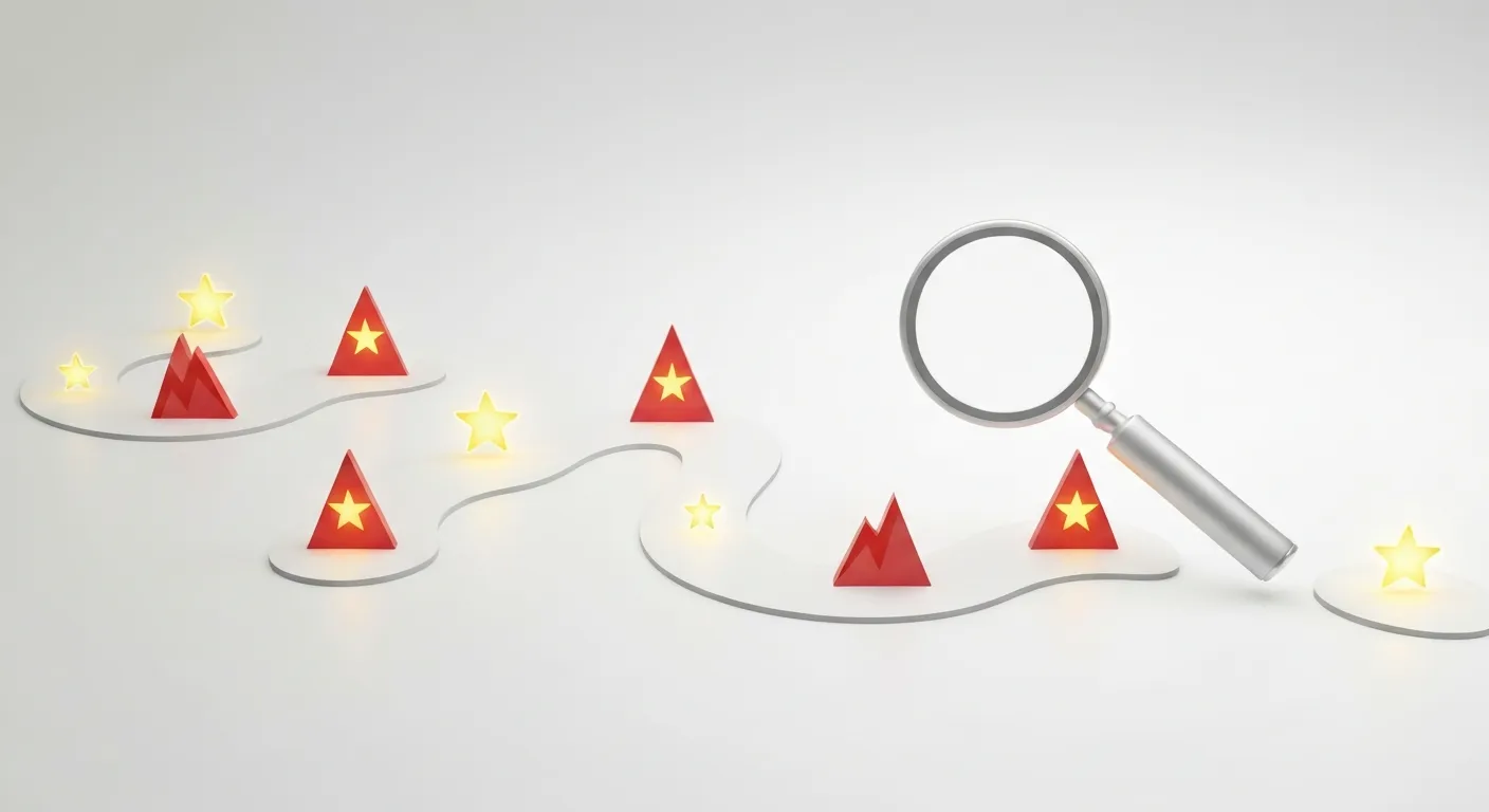 Wizualizacja koncepcji 'mapy podróży klienta'. Abstrakcyjna, kręta ścieżka na mapie, po której poruszają się ikony ludzi. Wzdłuż ścieżki zaznaczone są punkty z ikoną pękniętego serca (punkty bólu) oraz gwiazdki (punkty pragnień). Nad mapą unosi się duże szkło powiększające, symbolizujące dogłębną analizę potrzeb klienta.