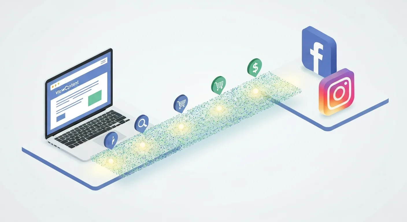 Izometryczna ilustracja pokazująca, jak Meta Pixel łączy stronę internetową z ekosystemem Meta. Po jednej stronie widać budynek sklepu online, a po drugiej platformę z logo Facebooka i Instagrama, połączone cyfrowym mostem danych.