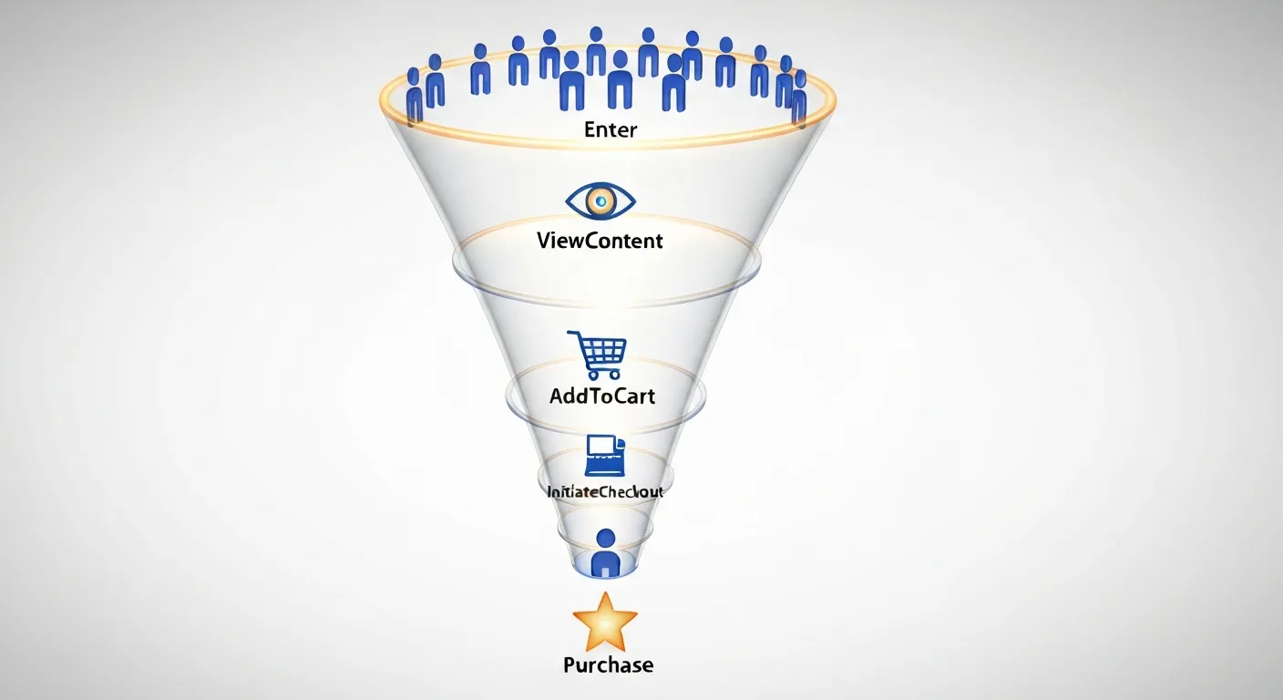 Wizualizacja lejka sprzedażowego z kluczowymi zdarzeniami śledzonymi przez Meta Pixel. Lejek zwęża się od góry do dołu, pokazując etapy: Wyświetlenie treści, Dodanie do koszyka, Inicjacja płatności i Zakup.
