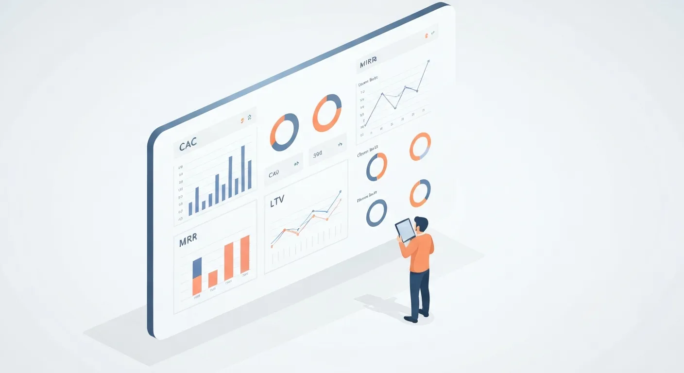 Izometryczna ilustracja przedstawiająca pulpit menedżerski z kluczowymi wskaźnikami efektywności (KPI), takimi jak koszt pozyskania klienta i marża zysku, co obrazuje centralne narzędzie do monitorowania biznesu.