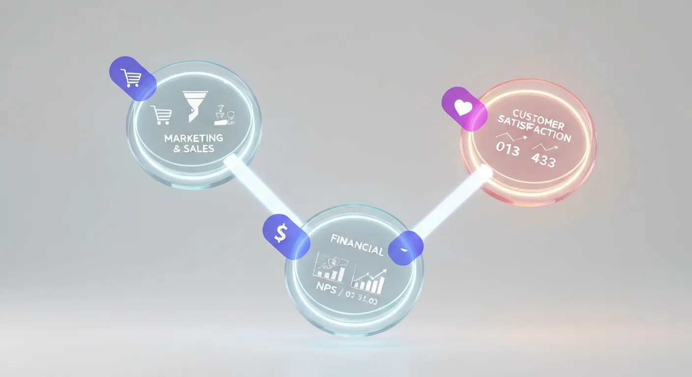 Abstrakcyjna wizualizacja danych pokazująca trzy połączone ze sobą sfery, reprezentujące metryki marketingowe, finansowe i produktowe, co ilustruje różne, ale powiązane ze sobą obszary analizy biznesowej.