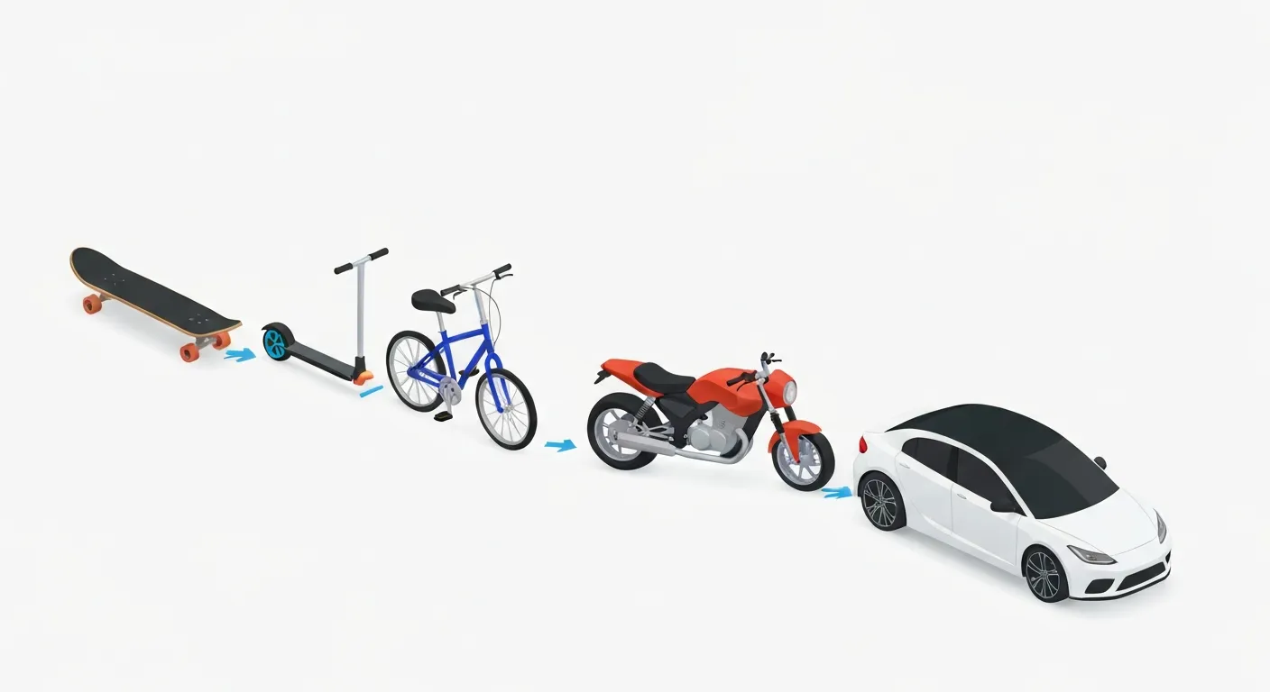 An infographic showing the evolutionary path of a product using the MVP methodology, starting with a skateboard, then progressing to a scooter, a bicycle, a motorcycle, and finally a car. This illustrates the principle of delivering a functional product at every stage.