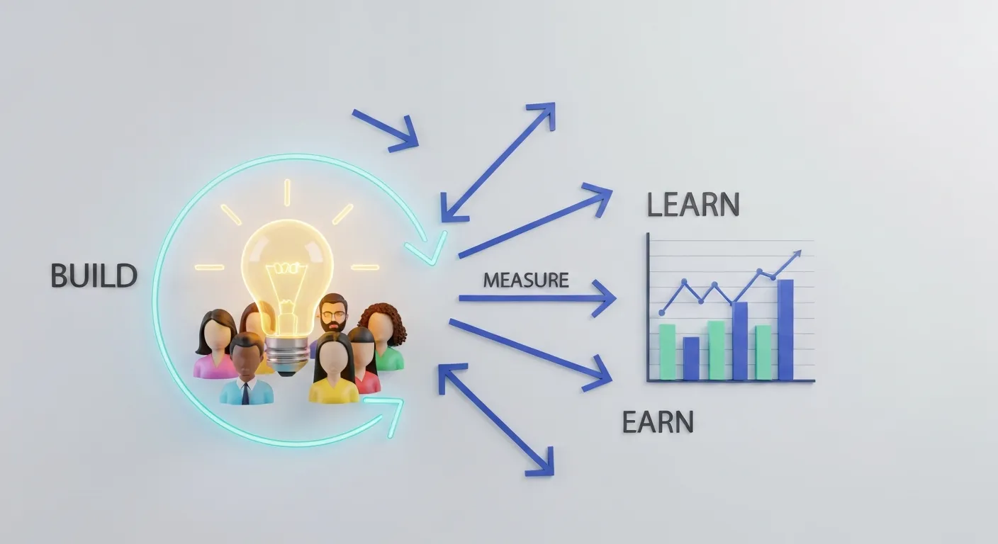 A circular diagram representing the 'Build-Measure-Learn' feedback loop of an MVP. A central gear icon (Build) connects with arrows to user icons (Measure), which then connect to a data analytics graph (Learn), with the final arrow pointing back to the gear, showing a continuous cycle of improvement.