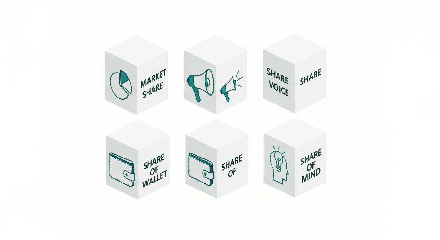Ilustracja izometryczna przedstawiająca cztery kluczowe rodzaje wskaźnika 'share' w marketingu: Udział w Rynku, Udział w Głosie, Udział w Portfelu i Udział w Świadomości.