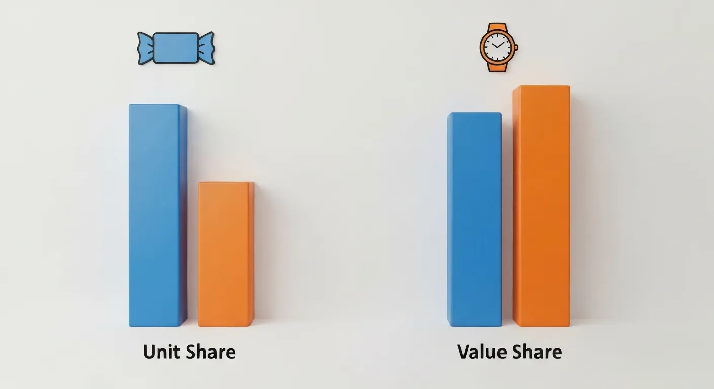 Wizualizacja danych porównująca udział wartościowy (Value Share) i ilościowy (Unit Share). Dwa wykresy słupkowe pokazują, jak produkt luksusowy może mieć mały udział ilościowy, ale duży udział wartościowy.