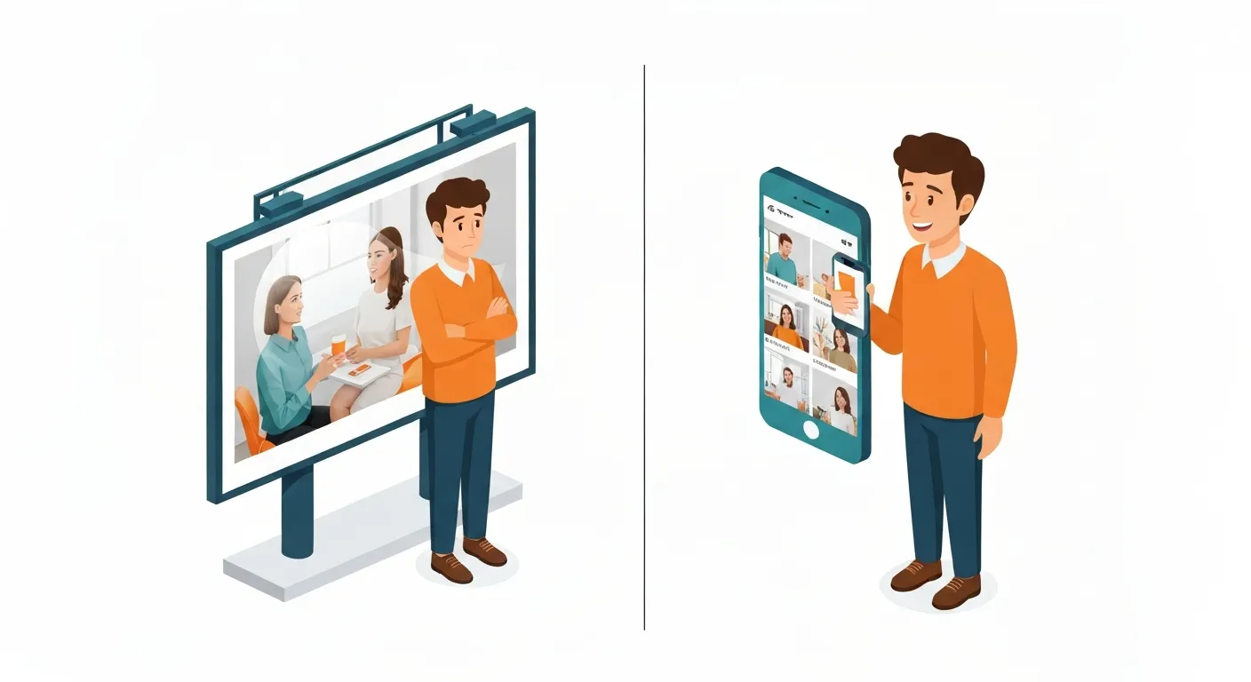 Ilustracja izometryczna pokazująca kontrast. Po lewej stronie konsument sceptycznie patrzy na duży, wyidealizowany billboard reklamowy. Po prawej stronie ten sam konsument uśmiecha się, przeglądając na telefonie galerię autentycznych zdjęć od innych klientów, co buduje zaufanie i dowód społeczny.