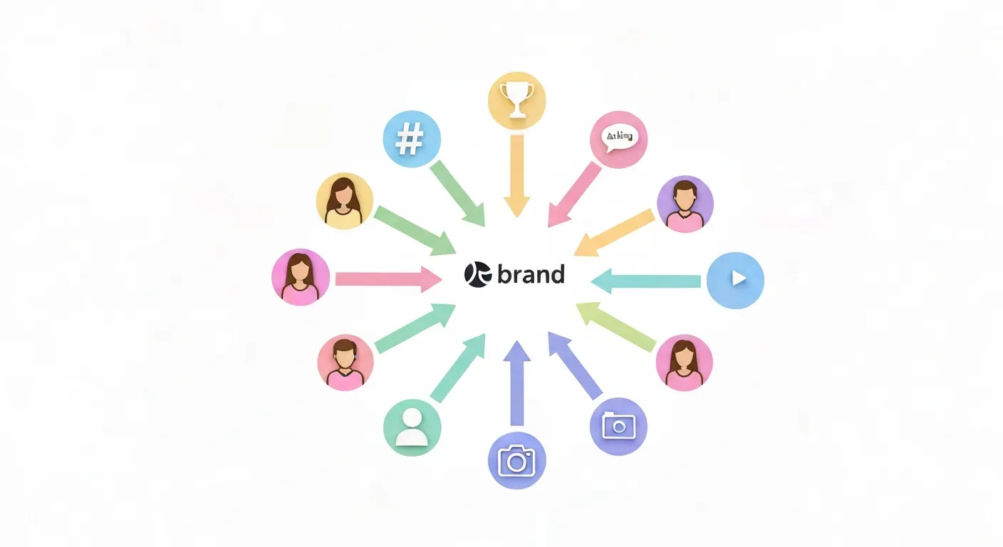Abstrakcyjna wizualizacja przedstawiająca strategię pozyskiwania UGC. W centrum znajduje się ikona marki, od której wychodzą symbole takie jak hashtag, trofeum (konkurs) i dymek czatu (prośba), skierowane do grupy ikon reprezentujących użytkowników. Użytkownicy w odpowiedzi tworzą treści (ikony zdjęć i filmów), które wracają do marki, tworząc pętlę zaangażowania.