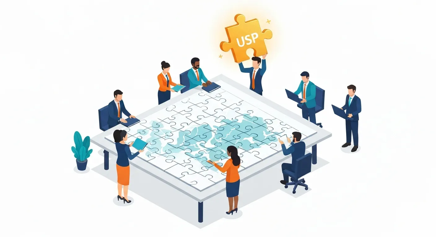 An isometric illustration showing a team of business strategists piecing together a large puzzle. The final missing piece, which one person is holding, is golden and unique, symbolizing the discovery of the company's Unique Selling Proposition after analyzing customer and market data.