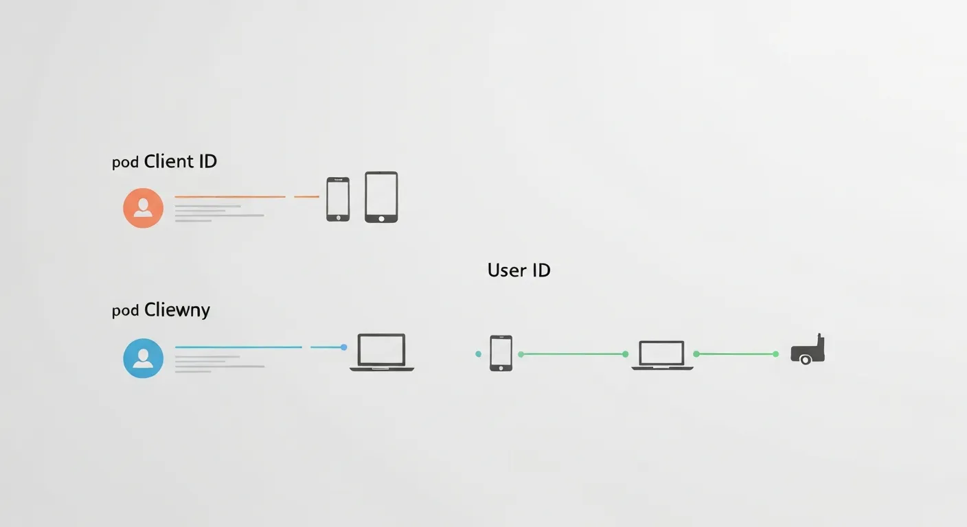 Diagram porównawczy Client ID kontra User ID. Po lewej stronie, trzy oddzielne ikony użytkowników symbolizują Client ID, który śledzi trzy różne urządzenia jako oddzielne sesje. Po prawej stronie, jedna ikona użytkownika symbolizuje User ID, który łączy te same trzy urządzenia w jedną, spójną ścieżkę klienta.