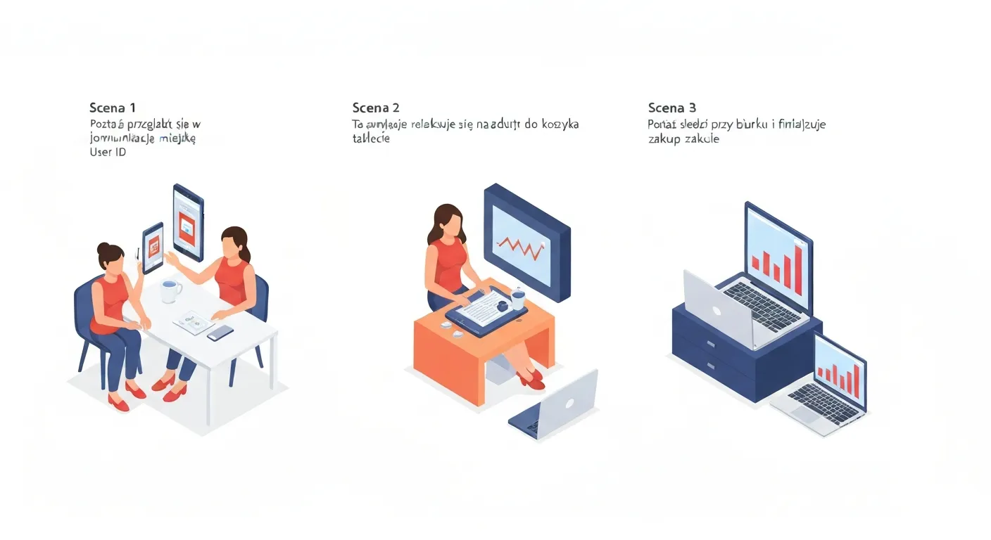 Ilustracja przedstawiająca ścieżkę klienta na wielu urządzeniach (cross-device). Ta sama osoba przegląda produkt na smartfonie, dodaje go do koszyka na tablecie w domu, a następnie finalizuje zakup na laptopie w biurze, co pokazuje korzyść z analizy dzięki User ID.