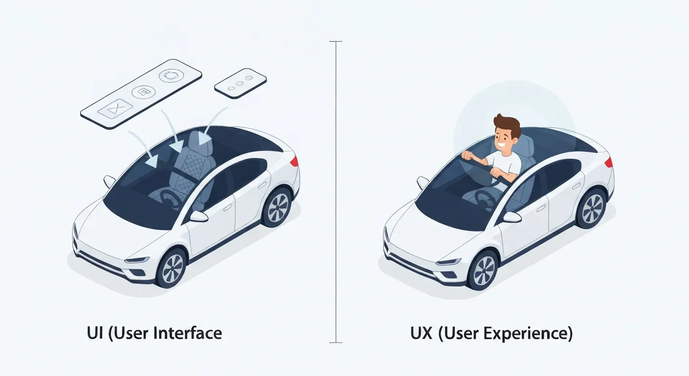 An isometric illustration clearly distinguishing between UI and UX using a car analogy. On the left, a sleek, modern car is shown with callout lines pointing to specific User Interface (UI) elements: the dashboard screen, the steering wheel buttons, and the gearshift. On the right, the same car is depicted with a person smiling inside, surrounded by a glowing aura of comfort and ease, representing the overall User Experience (UX).