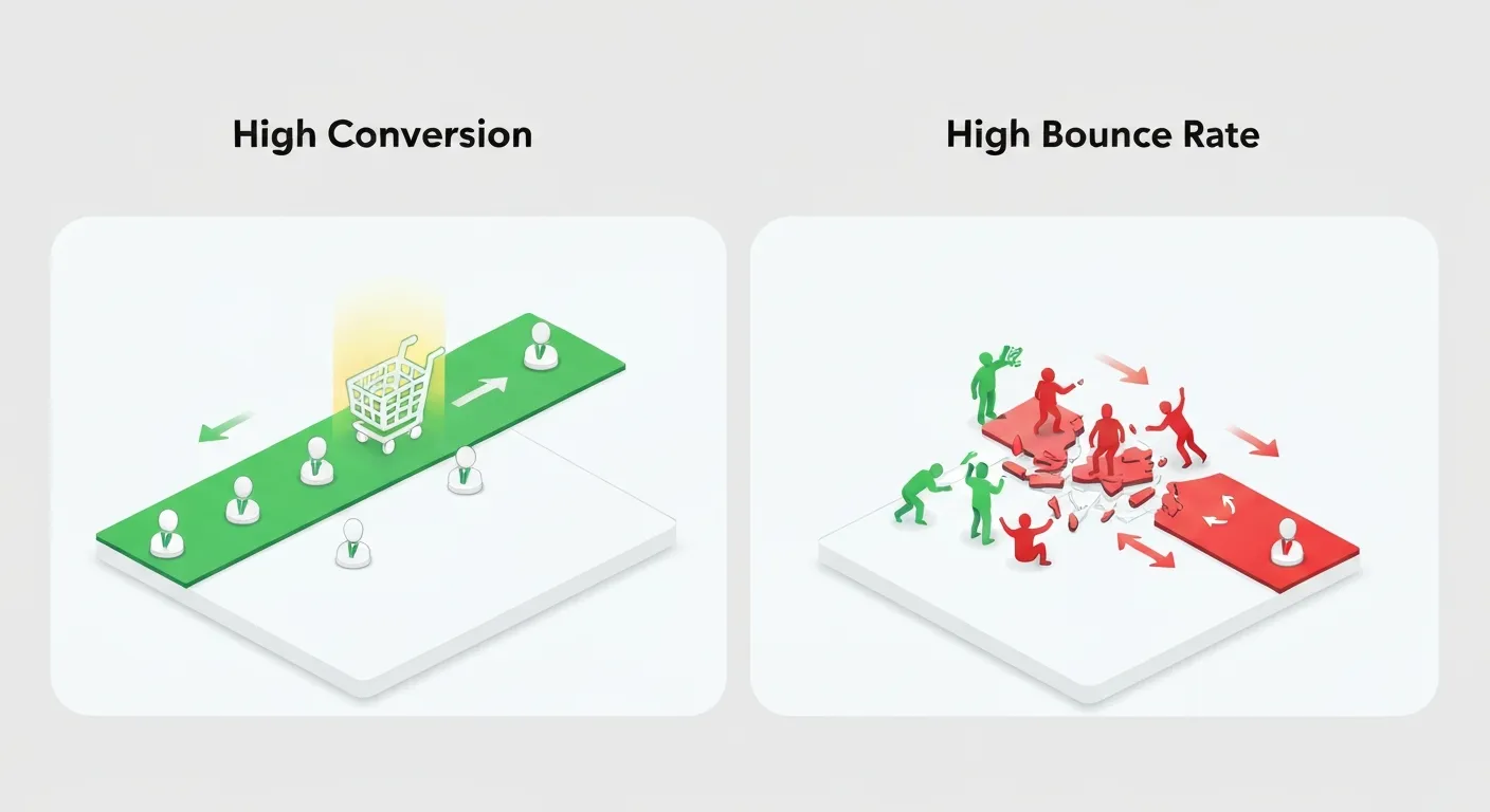A comparative isometric illustration showing the business impact of good versus bad UI. On the left, labeled 'Good UI', a simple, clear path leads a stream of user icons directly to a conversion goal, like a shopping cart trophy. On the right, labeled 'Bad UI', a confusing, tangled maze causes user icons to get lost and turn away, illustrating a high bounce rate and low conversion.