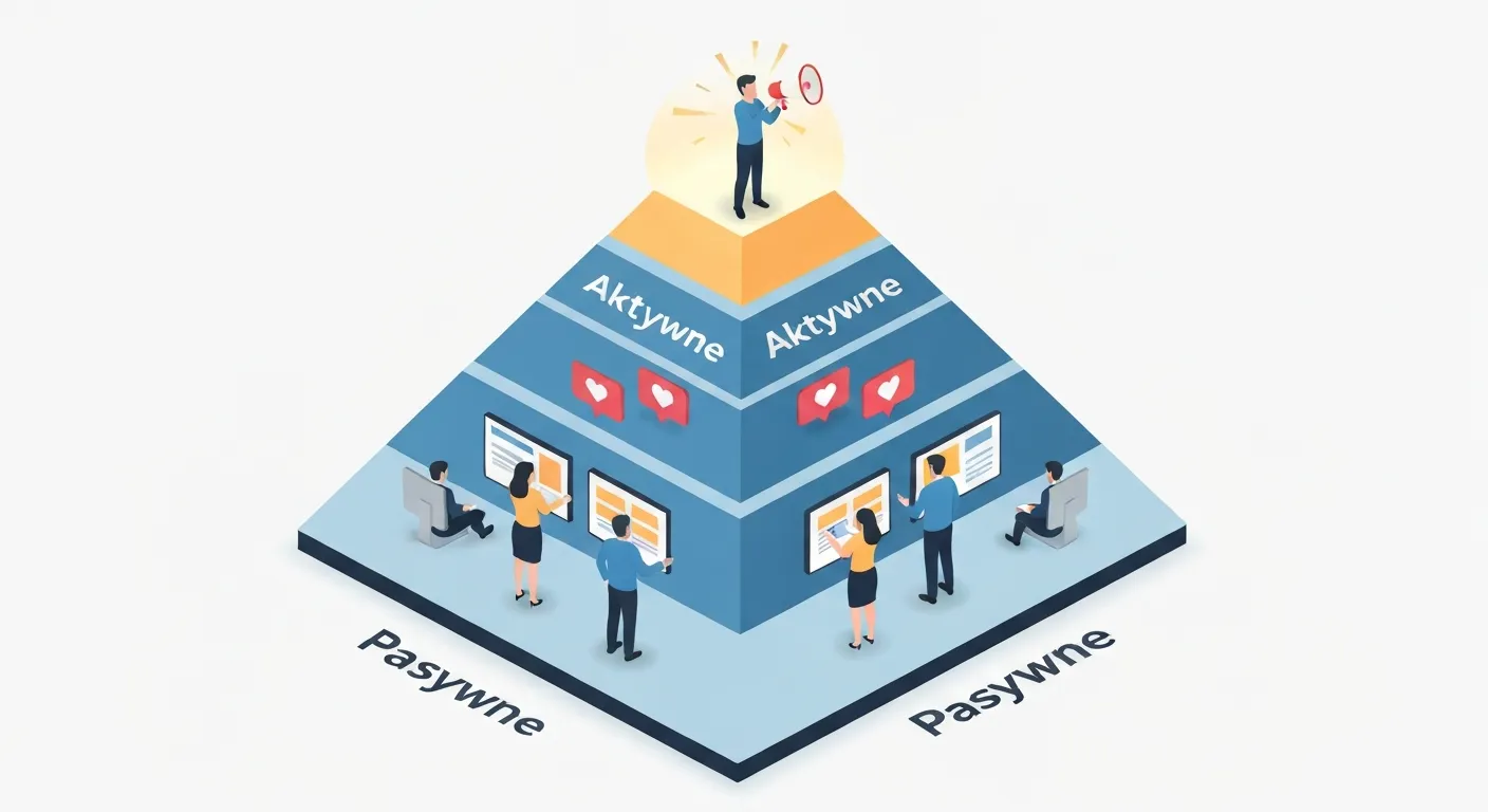 Piramida zaangażowania w marketingu pokazana jako trójwymiarowa ilustracja. Na dole znajduje się zaangażowanie pasywne (oglądanie), w środku aktywne (polubienia, komentarze), a na świetlistym szczycie proaktywne (ambasadorzy marki tworzący własne treści).