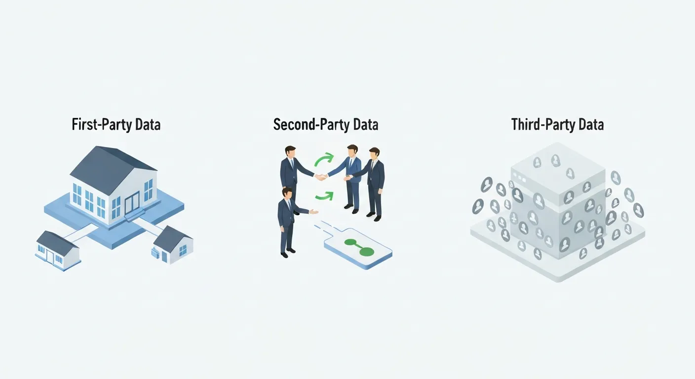 Infografika w stylu izometrycznym wyjaśniająca różnice między trzema typami danych. Po lewej stronie firma bezpośrednio zbiera dane od klientów (1st-party). Na środku dwie firmy wymieniają się danymi (2nd-party). Po prawej, wielka chmura danych zbiera informacje z wielu źródeł i sprzedaje je dalej (3rd-party).