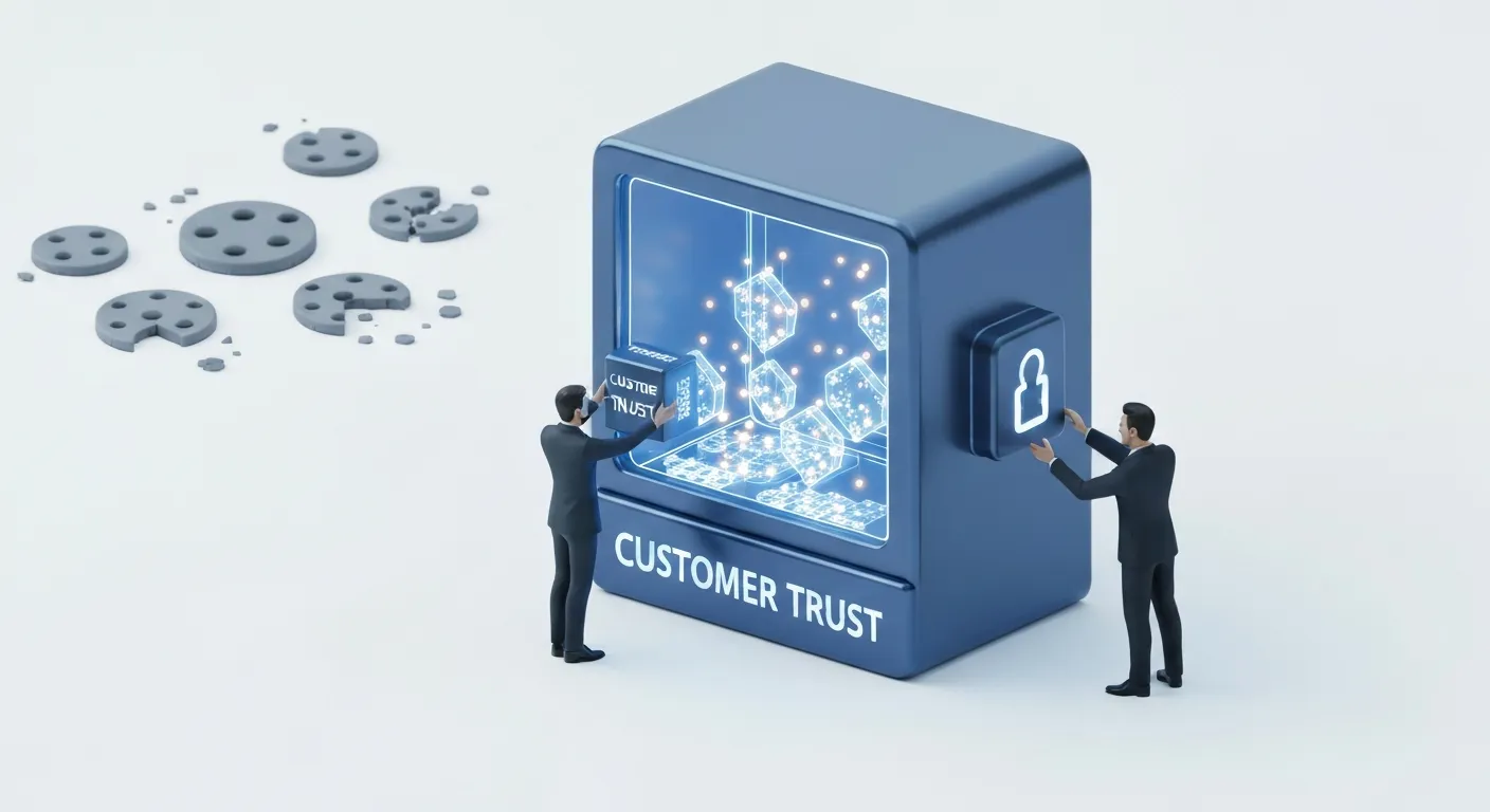 Abstrakcyjna wizualizacja przedstawiająca budowanie wartościowej strategii marketingowej na przyszłość. W centrum znajduje się bezpieczny, cyfrowy skarbiec oznaczony jako 'First-Party Data & CRM', do którego klienci dobrowolnie przekazują dane w zamian za wartość, co symbolizuje budowanie relacji opartej na zaufaniu i zgodzie.