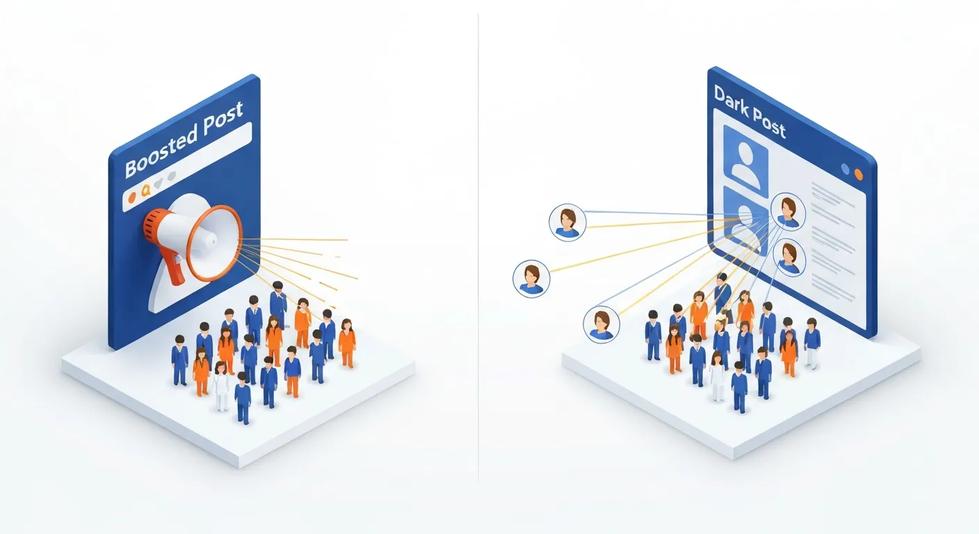 An isometric illustration comparing two marketing strategies. On the left, a 'Boosted Post' is shown as a large megaphone on top of a social media feed, broadcasting a message to a general, undefined crowd. On the right, a 'Dark Post' is depicted as a separate, sleek control panel sending out multiple, personalized laser-like beams to specific, targeted individuals within the crowd.