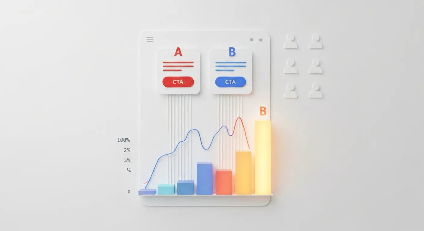 An abstract data visualization of A/B testing using dark posts. A central dashboard shows two variations of an ad—one with a blue button, one with a green button. Data streams flow from each variation towards a target audience group. Below, a simple bar chart clearly shows the green button ad having a much higher conversion rate, with a trophy icon above it.