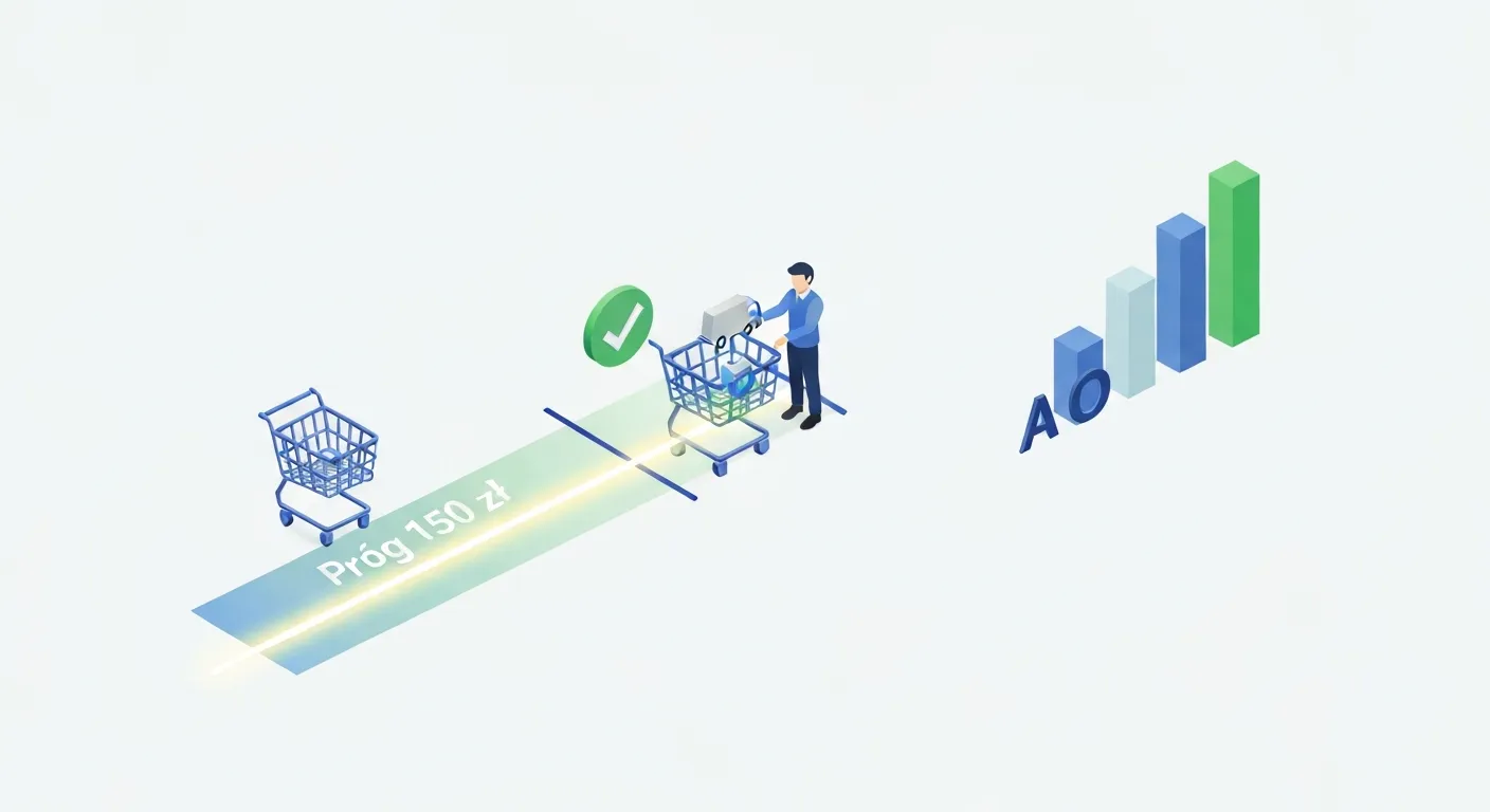 An isometric illustration explaining the strategy of setting a free shipping threshold to increase average order value (AOV). It shows a shopping cart crossing a monetary threshold to unlock a 'free shipping' benefit, with an adjacent graph indicating a rise in AOV.