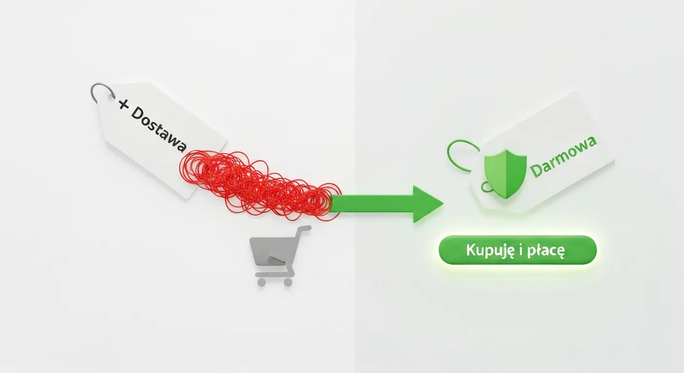 An abstract visualization of the psychology behind free shipping. One side shows a tangled, complicated path from a product with a shipping fee to an abandoned cart. The other side shows a simple, direct line from a product with 'free shipping' to a completed purchase, representing reduced friction.